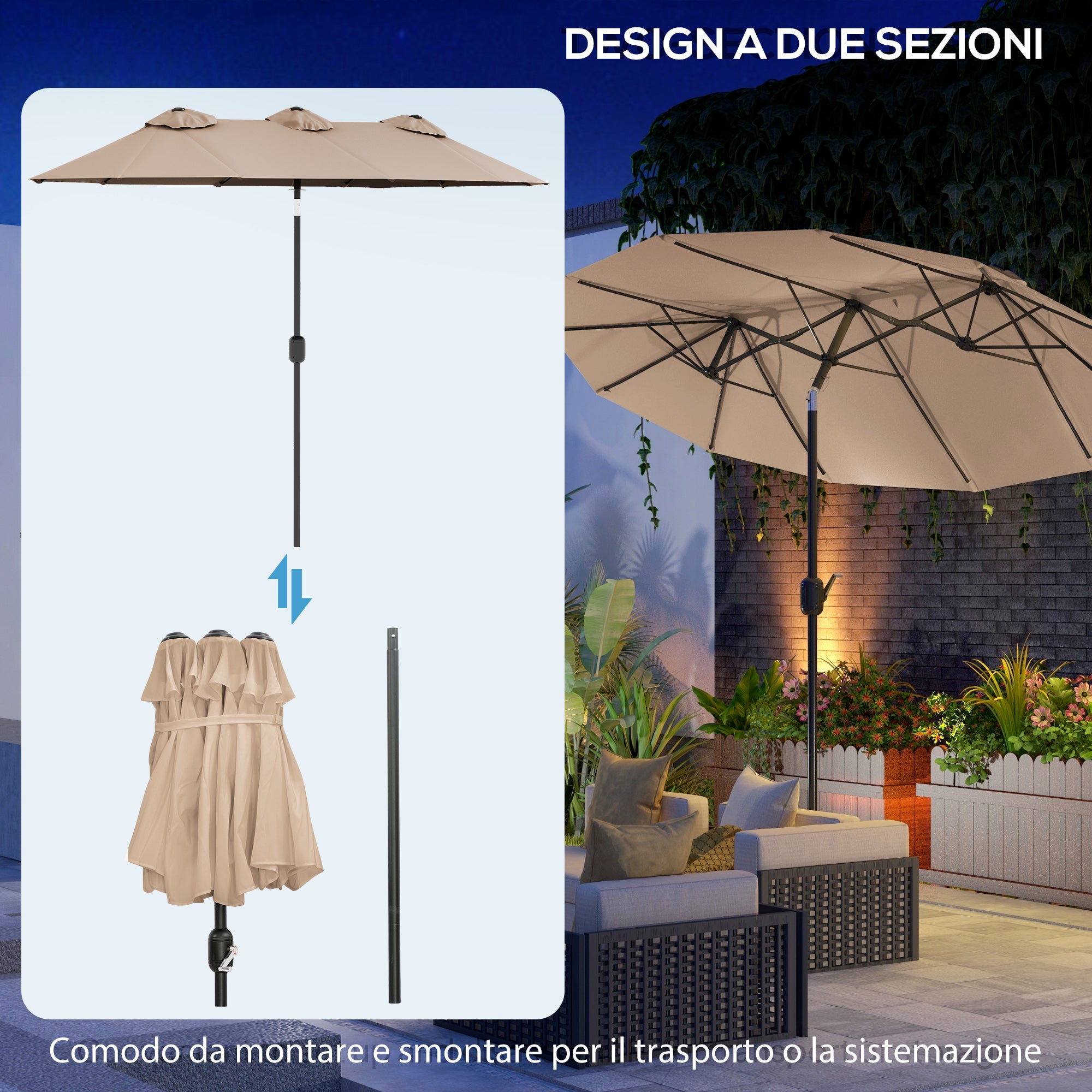 Double Umbrella Tiltable at 45° with Crank and Air Vents, in Steel and Polyester, 285x147x227 cm, Coffee
