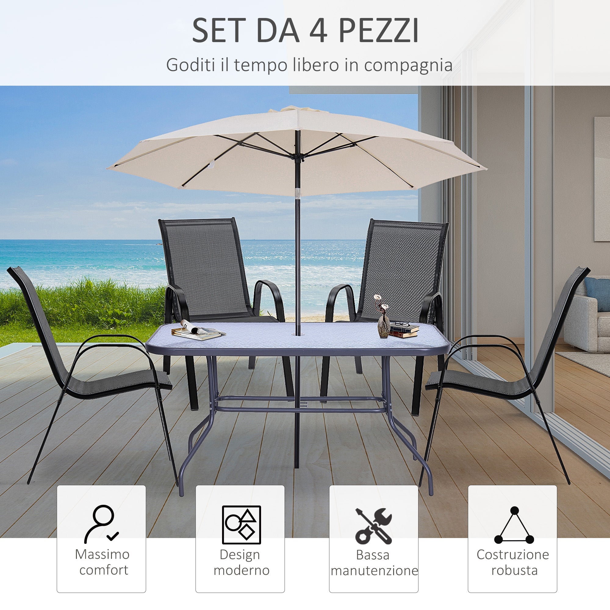 Garden Chairs Set of 4 Pieces with Armrests, in Metal and Breathable Fabric, 70x54x90cm, Black