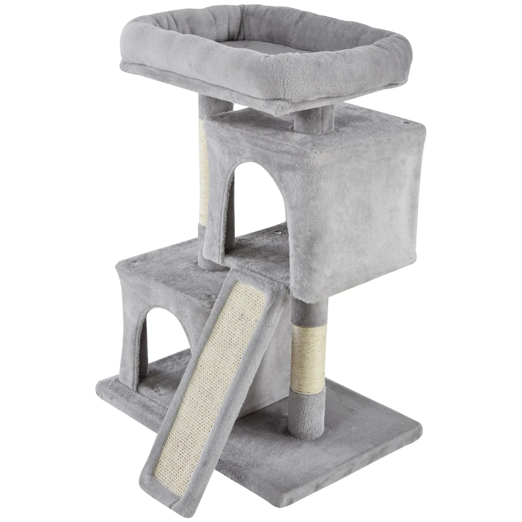 Cat Tree with Sisal Poles, Bed and 2 Houses, 59x39x83cm, Grey - Borge' Group Limited