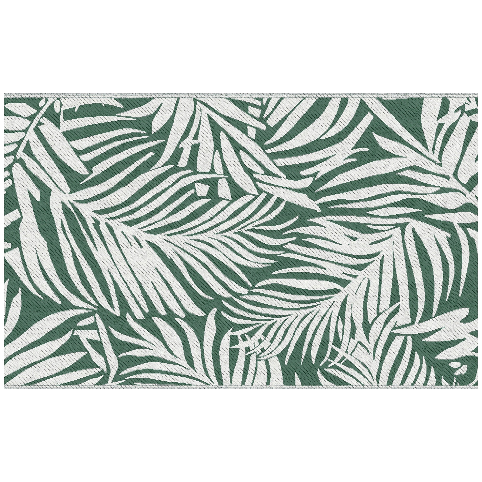 Reversible Outdoor Balcony and Terrace Rug with Leaf Pattern, 152x243 cm, Green and White