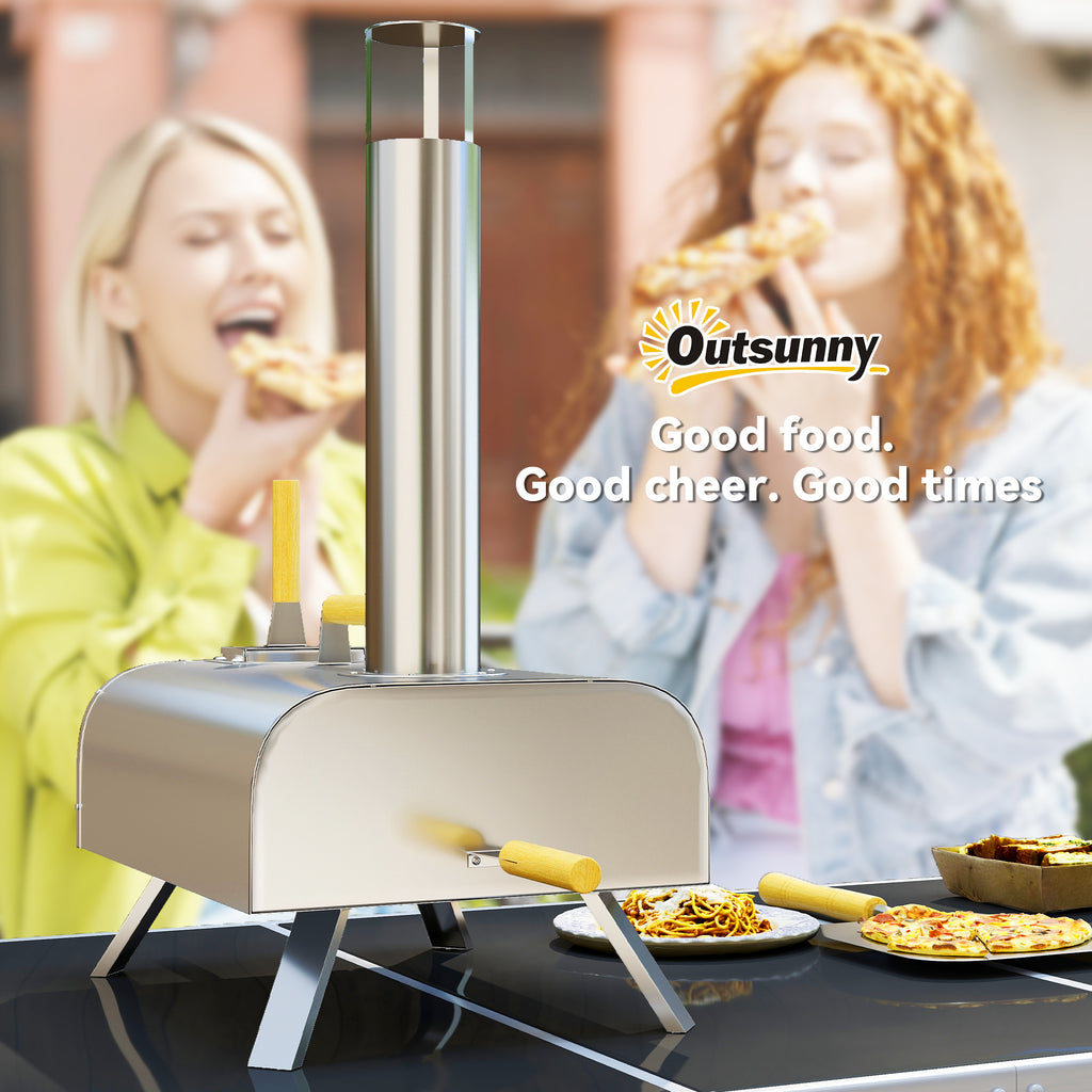 Wood Pellet Pizza Oven with Refractory Stone and Shovel, Stainless Steel, 79x36x75 cm, Silver