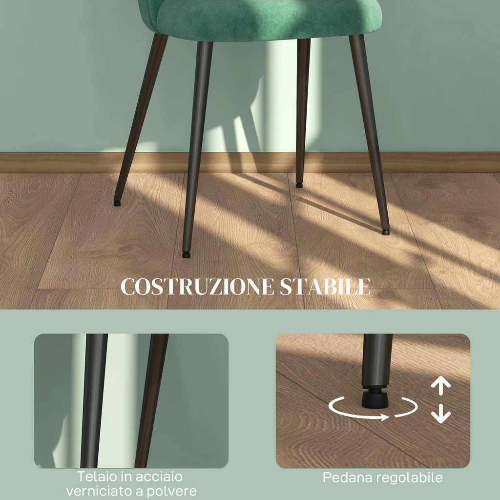 HOMCOM Set of 4 Modern Padded Chairs with Curved Back, in Velvet Effect Fabric and Steel, 50x52x83 cm, Green - Borgè