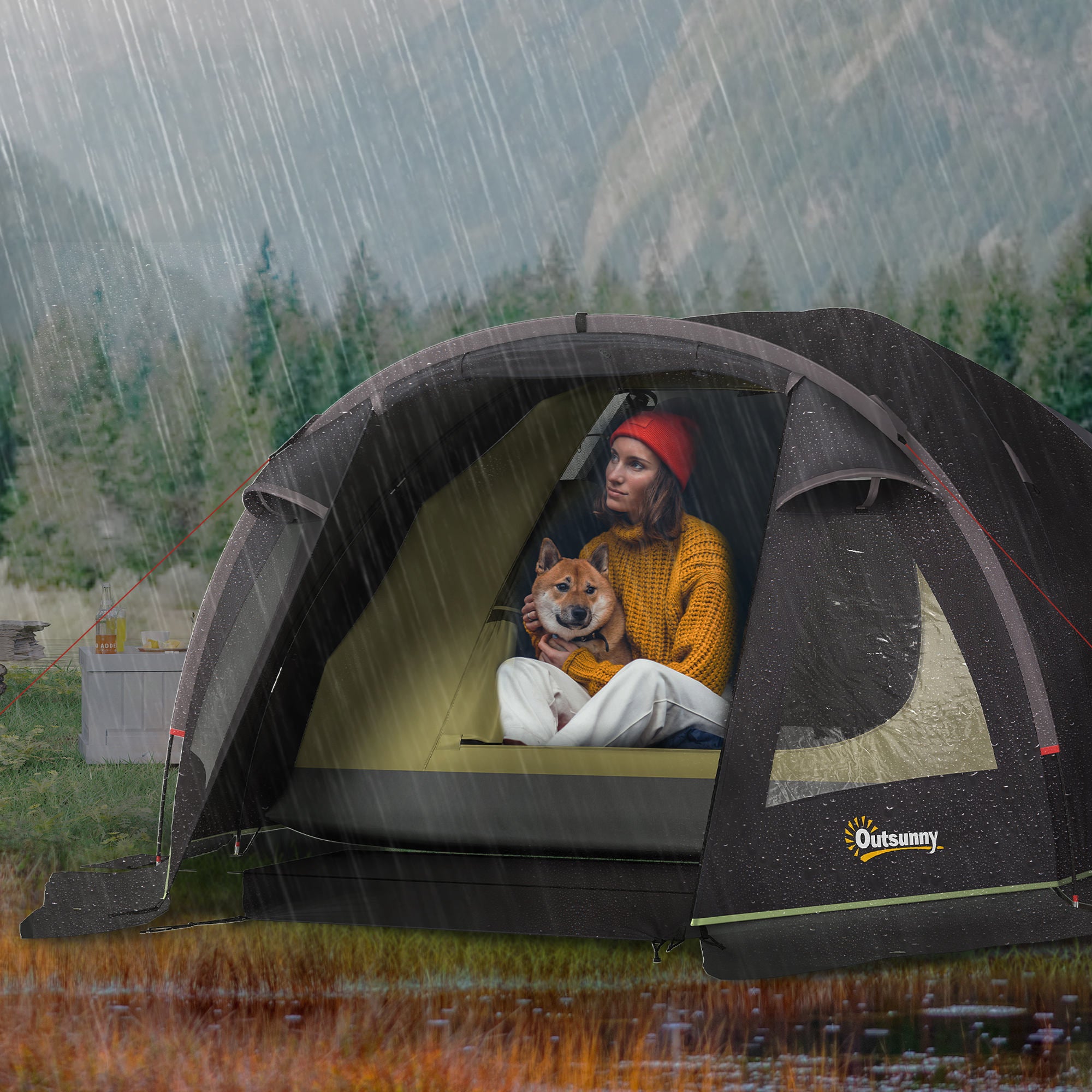 Tunnel Tent for 2-4 People with Side Windows and Hook, 190T Polyester and PE, 3.3x1.9x1.2 m, Black