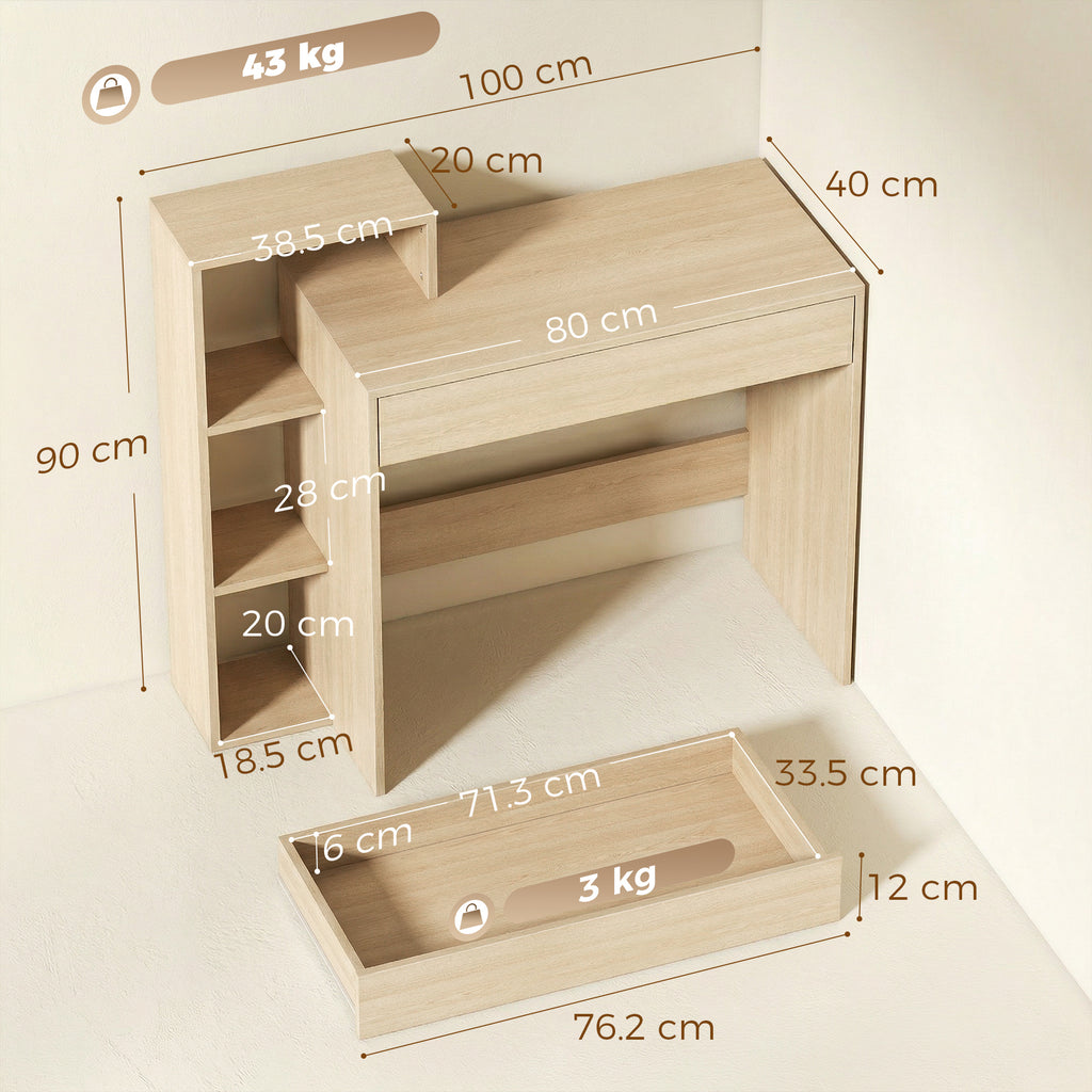 HOMCOM Modern PC Desk with 3 Open Shelves and Drawer, Wooden, Wood Color, 100x40x90 cm