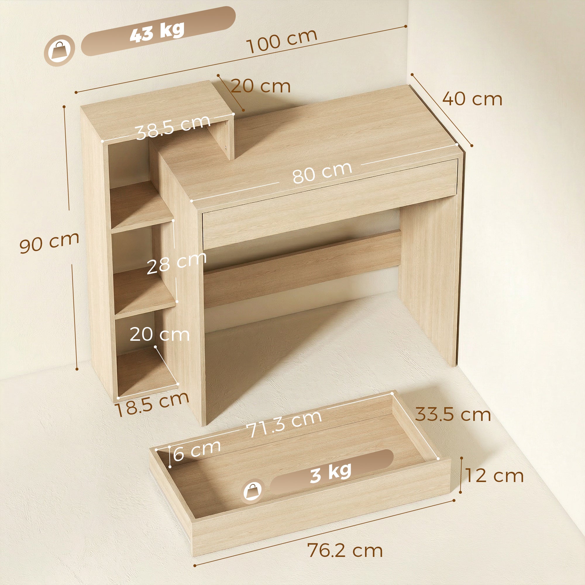 HOMCOM Modern PC Desk with 3 Open Shelves and Drawer, Wooden, Wood Color, 100x40x90 cm