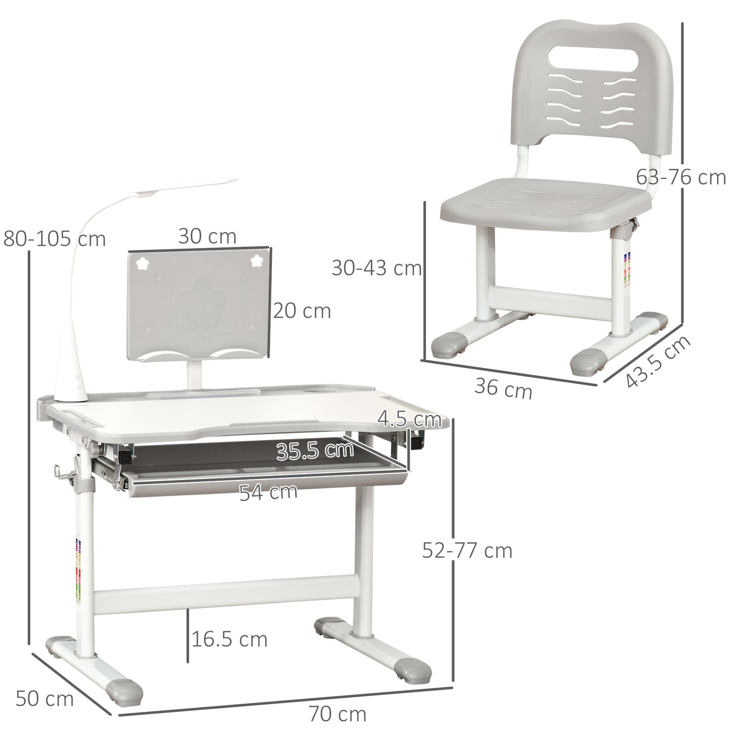 Children's Desk with Chair for 6-12 Years Old with Adjustable Height and Angle, Grey - Borgè