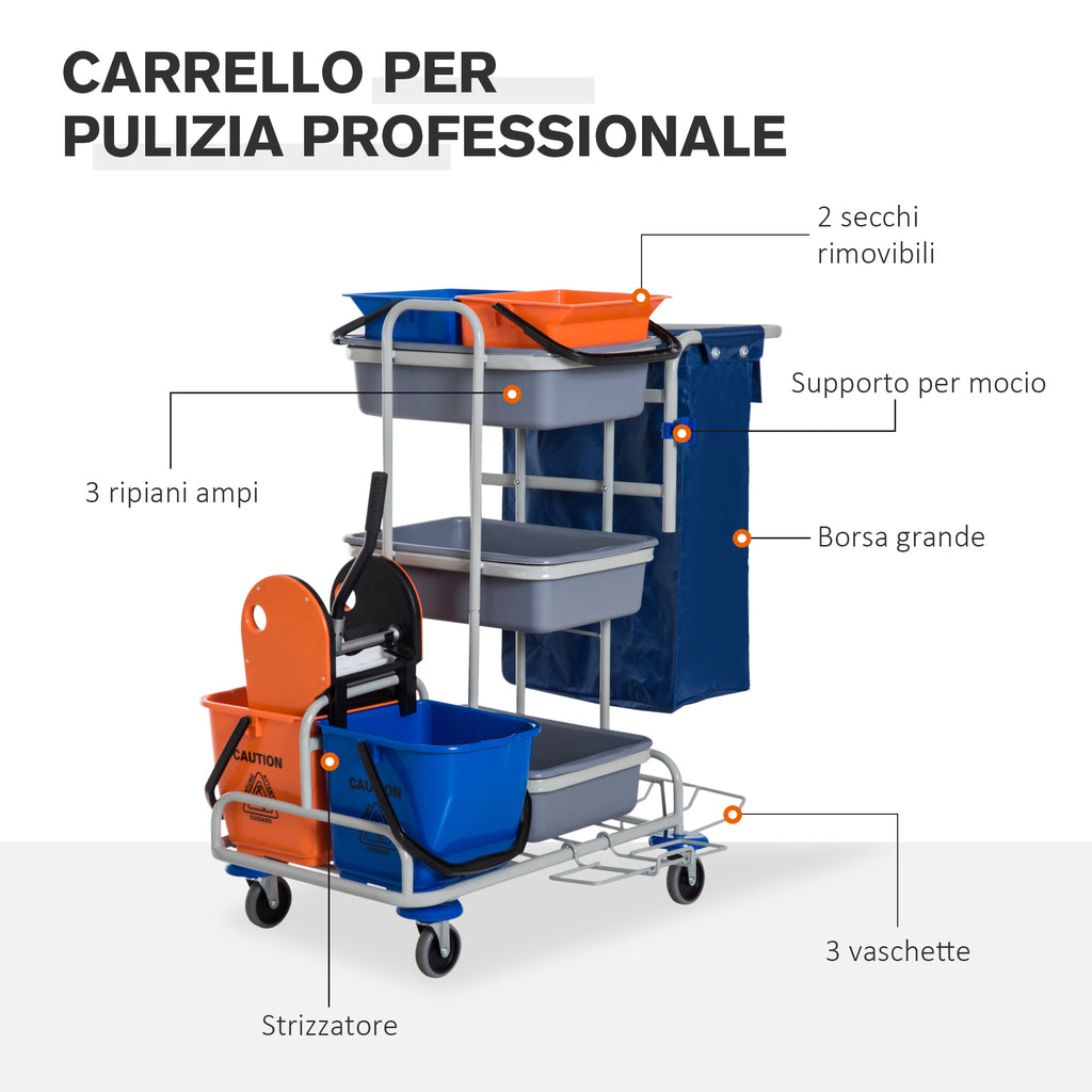 Multipurpose Professional Cleaning Cart with 4 Buckets Wheels Canvas Bag 118 × 73 × 103cm