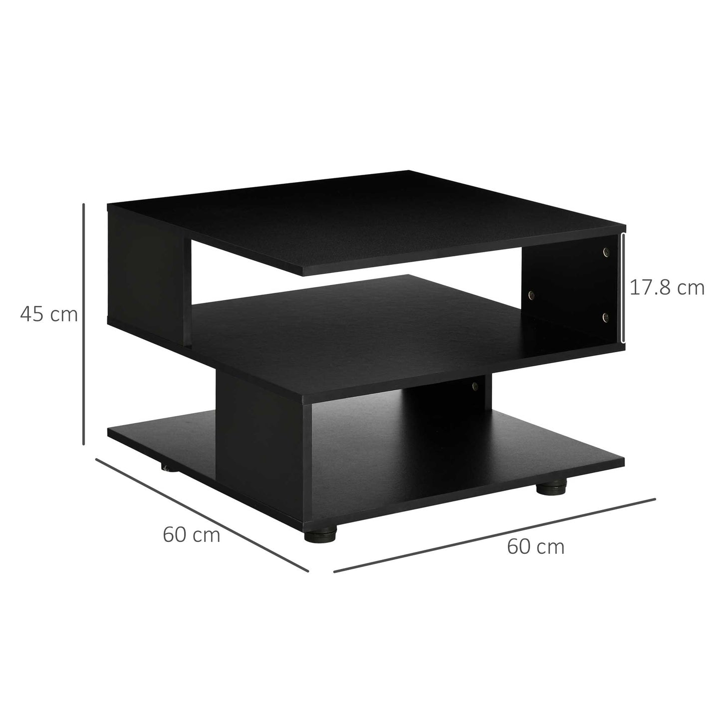 Asymmetrical Wooden Coffee Table with Adjustable Shelves and Feet, 60x60x45cm, Black