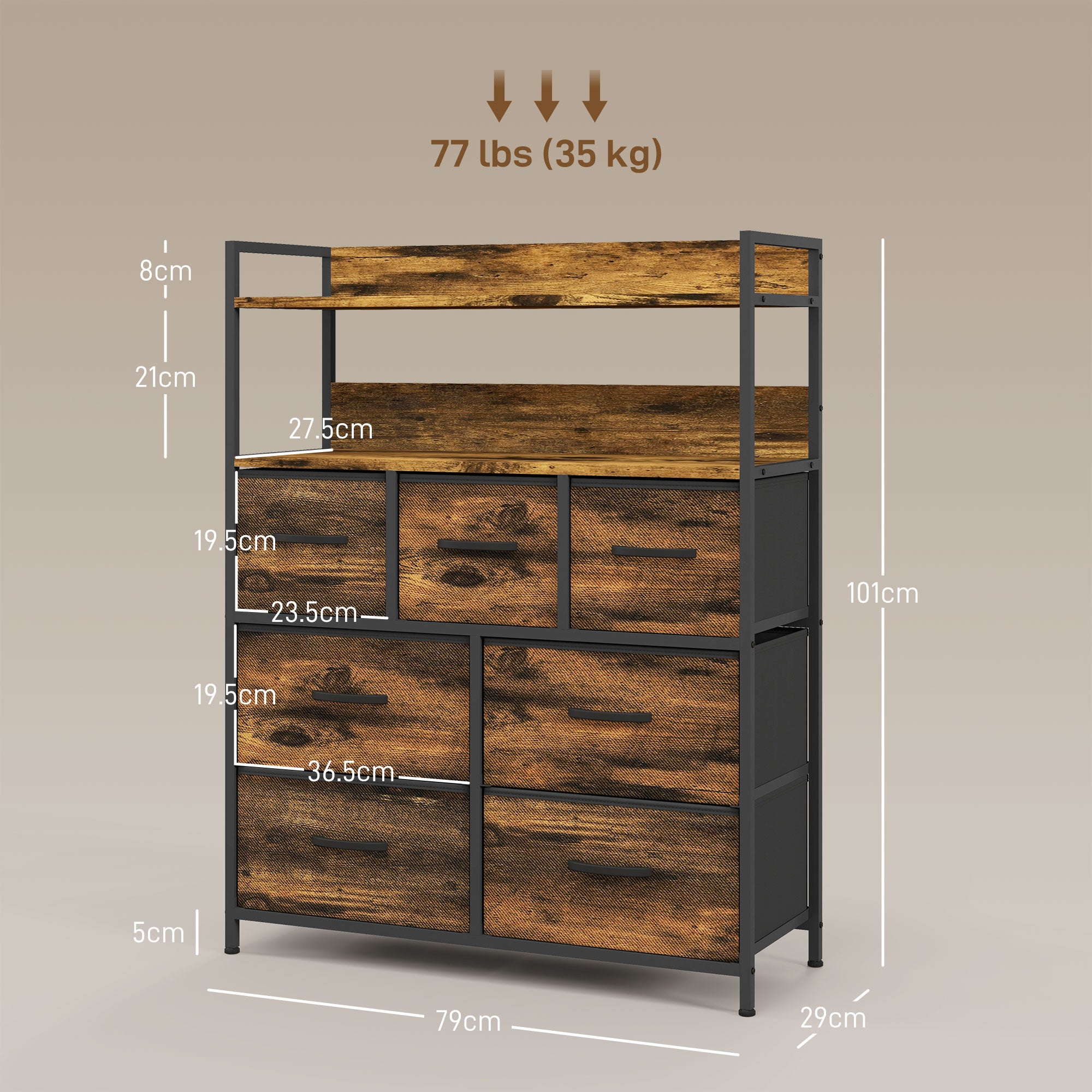 Chest of Drawers 7 Removable Drawers with 2 Shelves Industrial in Wood and Steel, 79x29x101 cm, Brown and Black