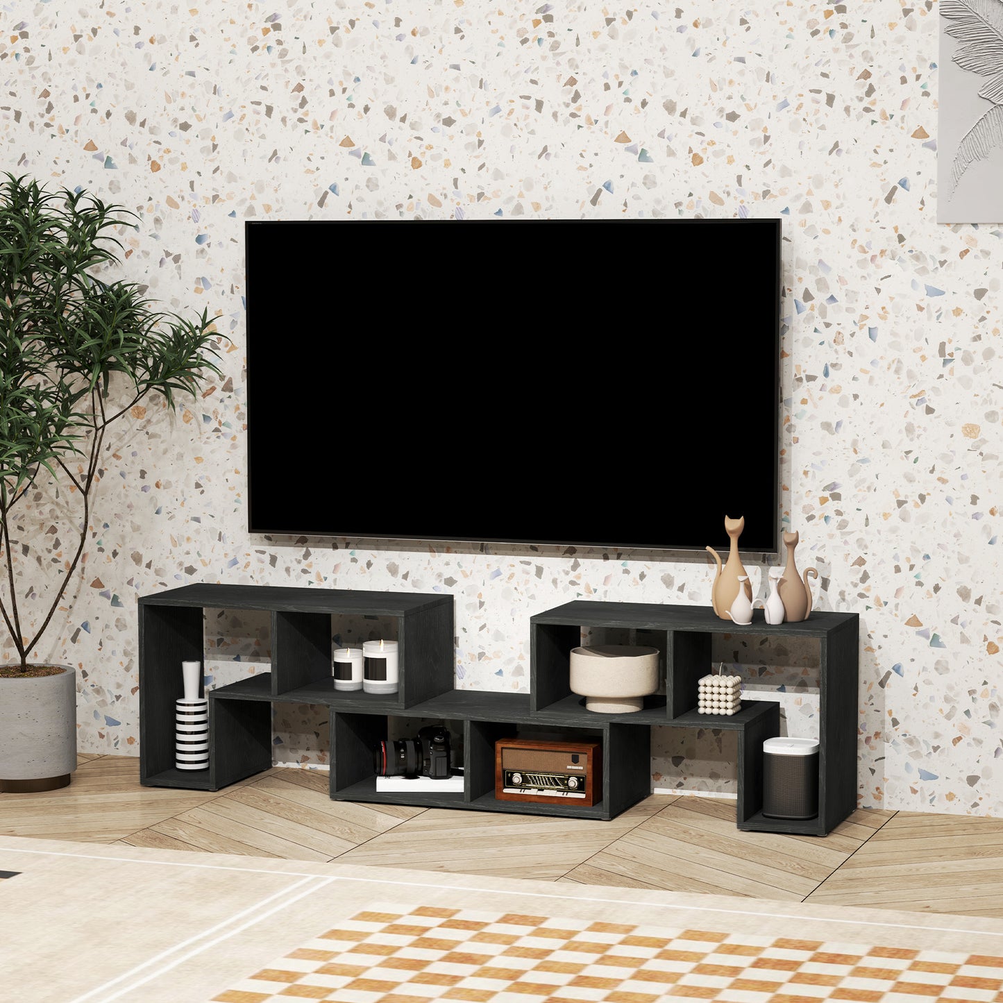 TV Unit 75" max Modular TV Stand with 2 L-Shaped Shelves and Rectangular Shelf, Wooden, 134-180x30.5x44 cm, Black