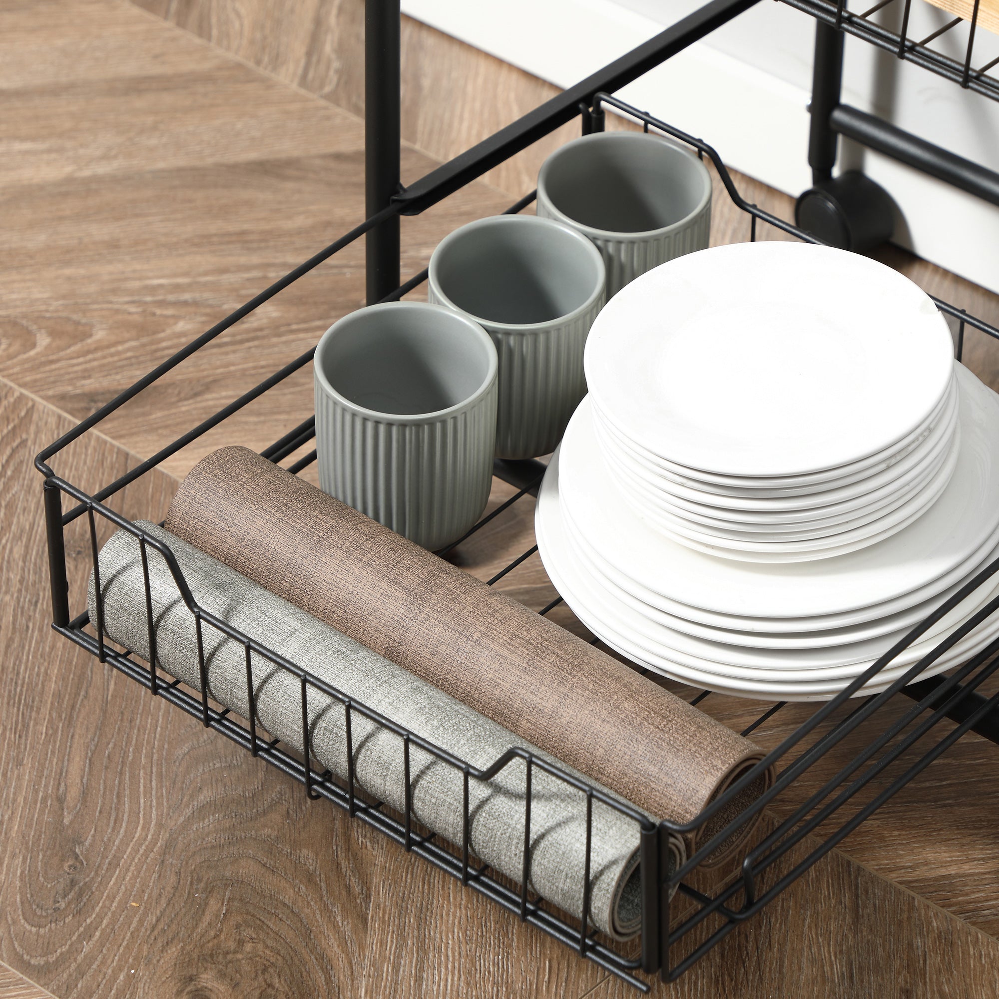 Kitchen trolley with 2 removable metal baskets, 2 chipboard shelves and side hooks, 40x38x111cm - Borgè