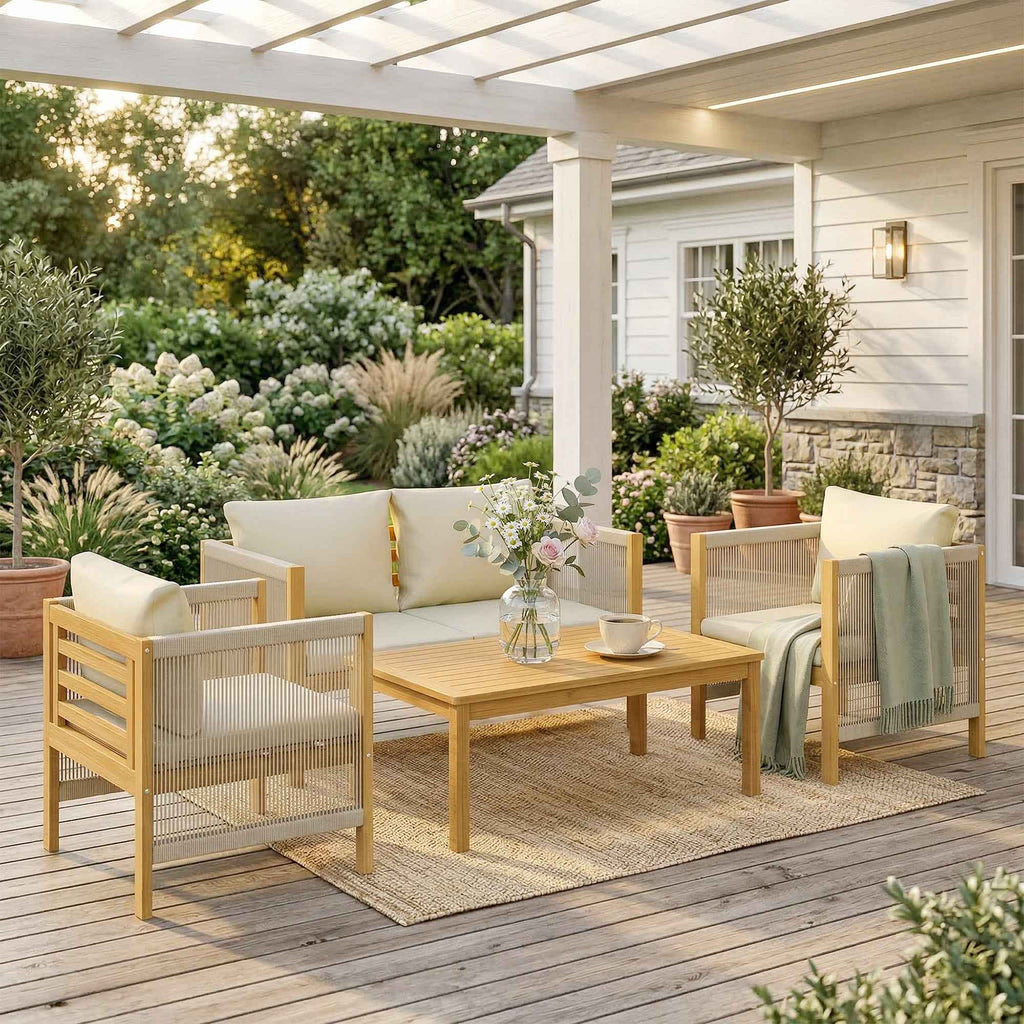 Outsunny 4-Piece Garden Lounge Set with Sofa, 2 Armchairs with Cushions and Coffee Table in Acacia Wood