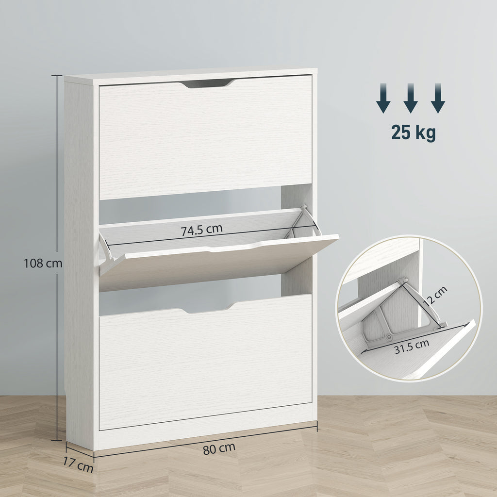 Slim Shoe Rack with 3 Folding Drawers and Bottom Cutout, Wooden, 80x17x108 cm, White