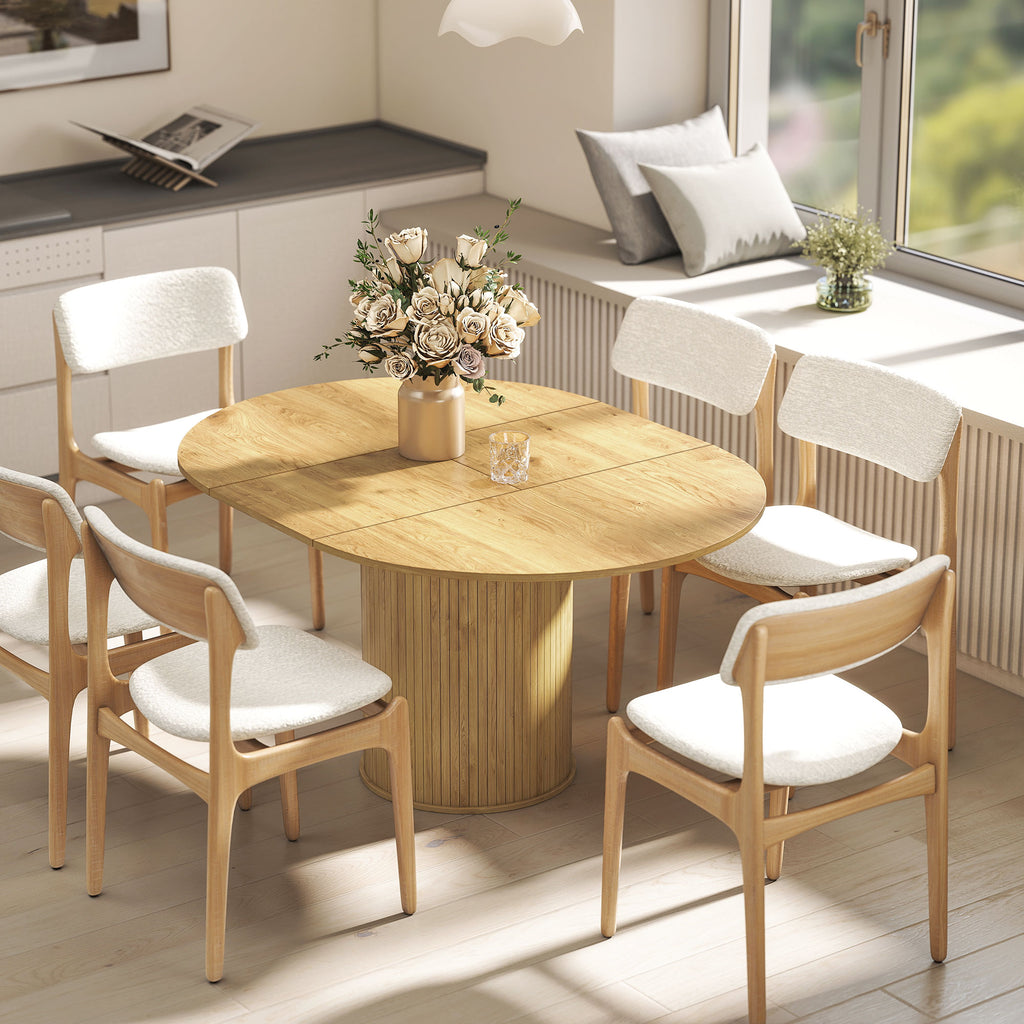 Expandable Round to Oval Pedestal Table for 6-8 People, Wood and Steel, Wood Color