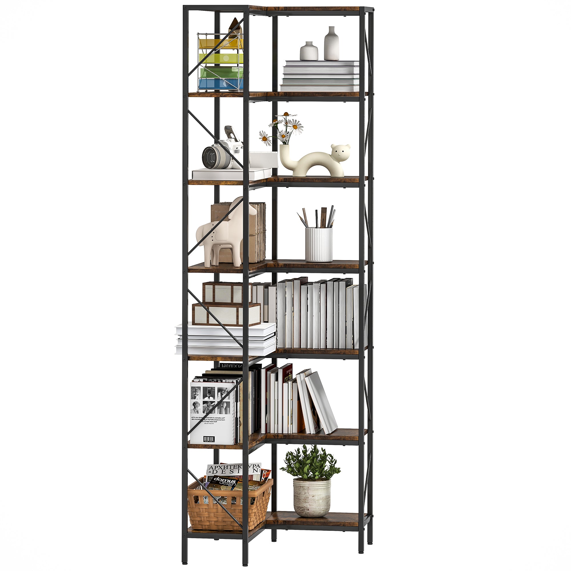 7-Tier Industrial Corner Bookcase, Wood and Steel, 60x60x198 cm, Rustic Brown