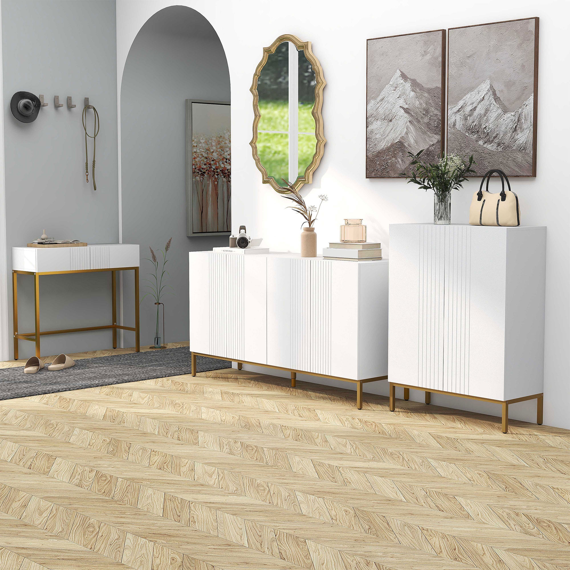 HOMCOM Modern 4-Door Sideboard with Soft Closing and Adjustable Shelves, 140x40x75cm, White and Gold - Borgè