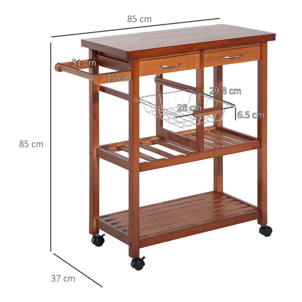 HOMCOM Wooden Kitchen Serving Trolley with Bottle Holder, Basket, 2 Shelves, 2 Drawers, Pine Wood, Durable, Easy to Use, Versatile, 84.5x37.2x85 cm