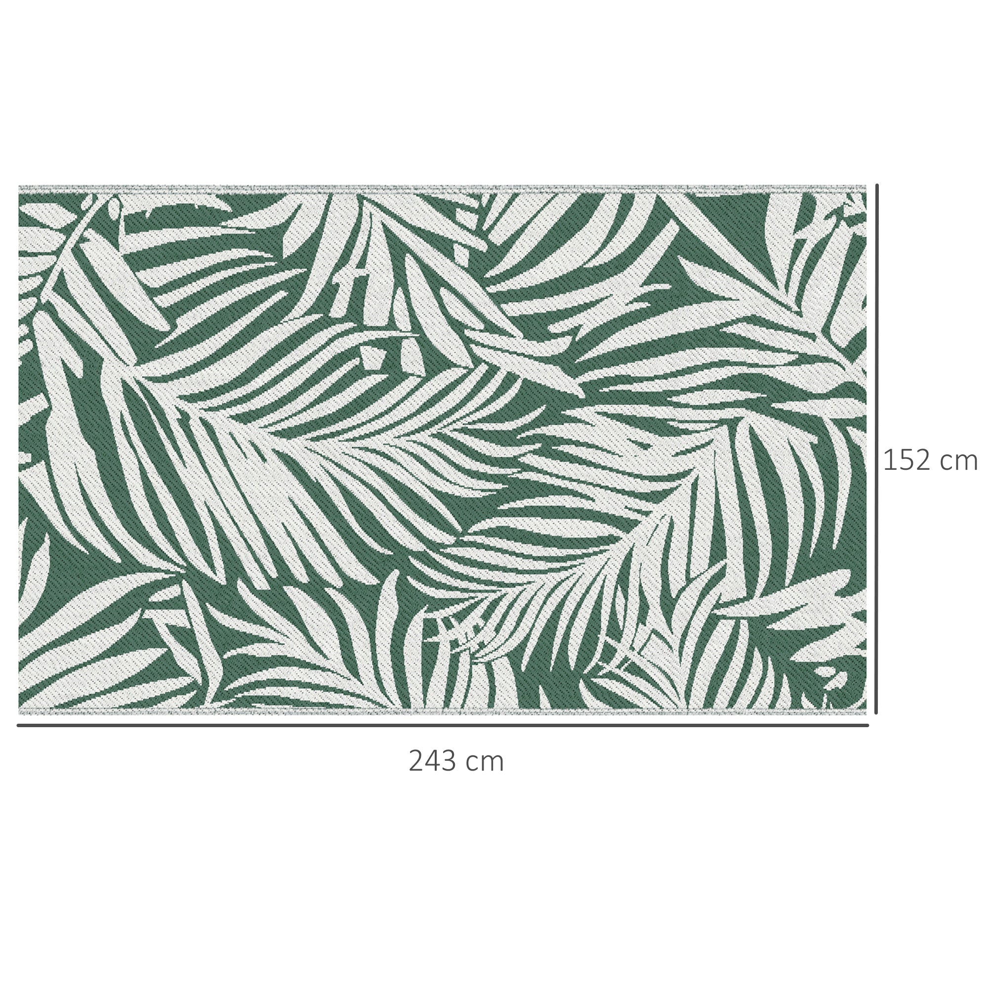 Reversible Outdoor Balcony and Terrace Rug with Leaf Pattern, 152x243 cm, Green and White