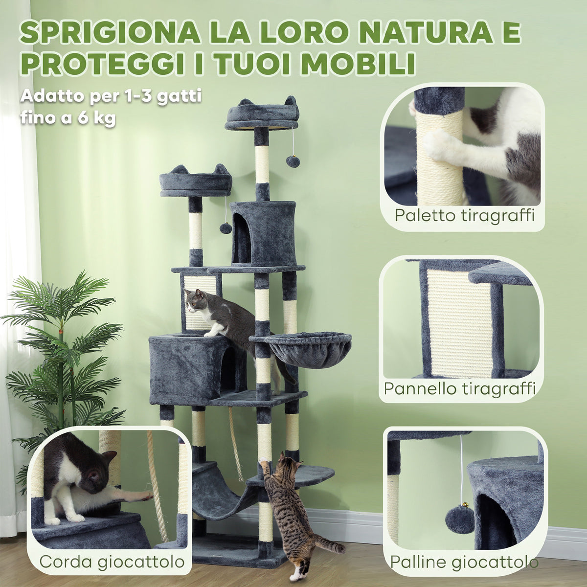 PawHut Cat Scratching Post, 206cm Tall, with 4 Scratching Posts, Caves, Baskets, Hammocks, for 1-3 Kittens 6kg, Dark Grey