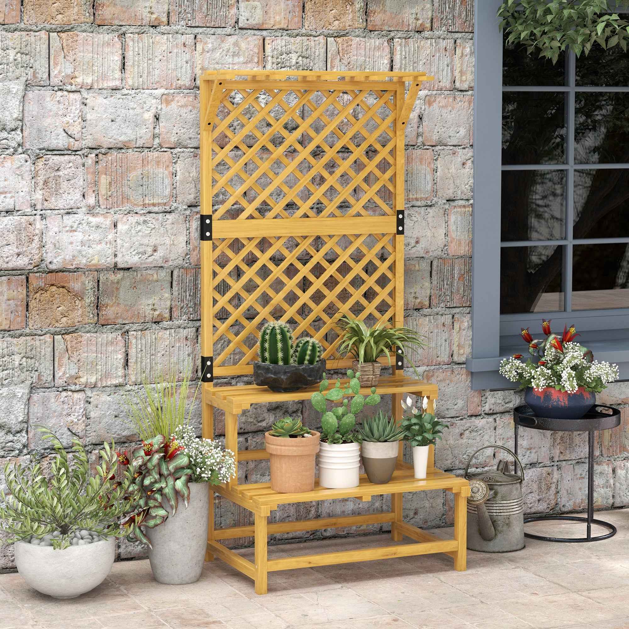 Outsunny Planter with Trellis for Climbing Plants, 2 Shelves and Top Bar, in Fir Wood, 75x50x166 cm, Yellow