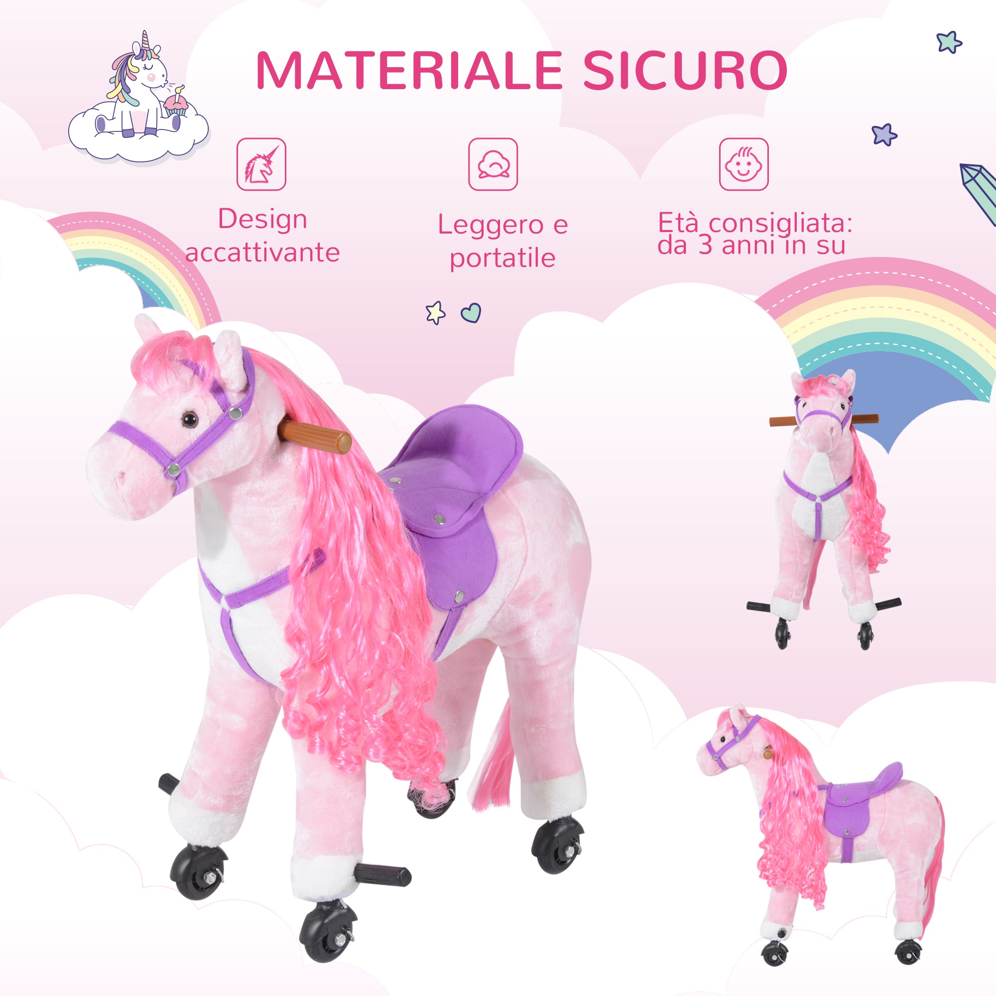 Rocking Horse for Children Ages 3+ with 4 Wheels, Realistic Sounds and Footrest, 65x28x75 cm, Pink