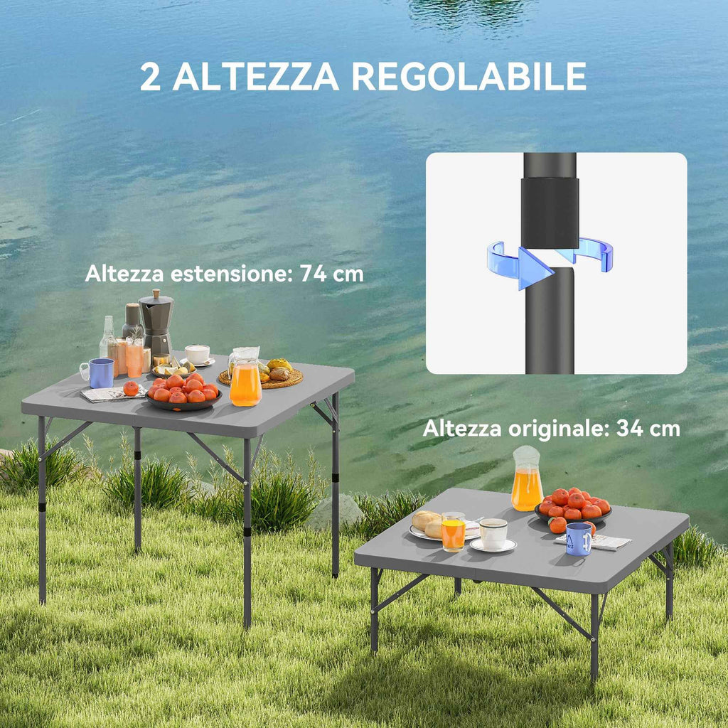 Outsunny Folding Camping Table, Adjustable to 2 Heights, in HDPE and Metal, 86x86x74 cm, White