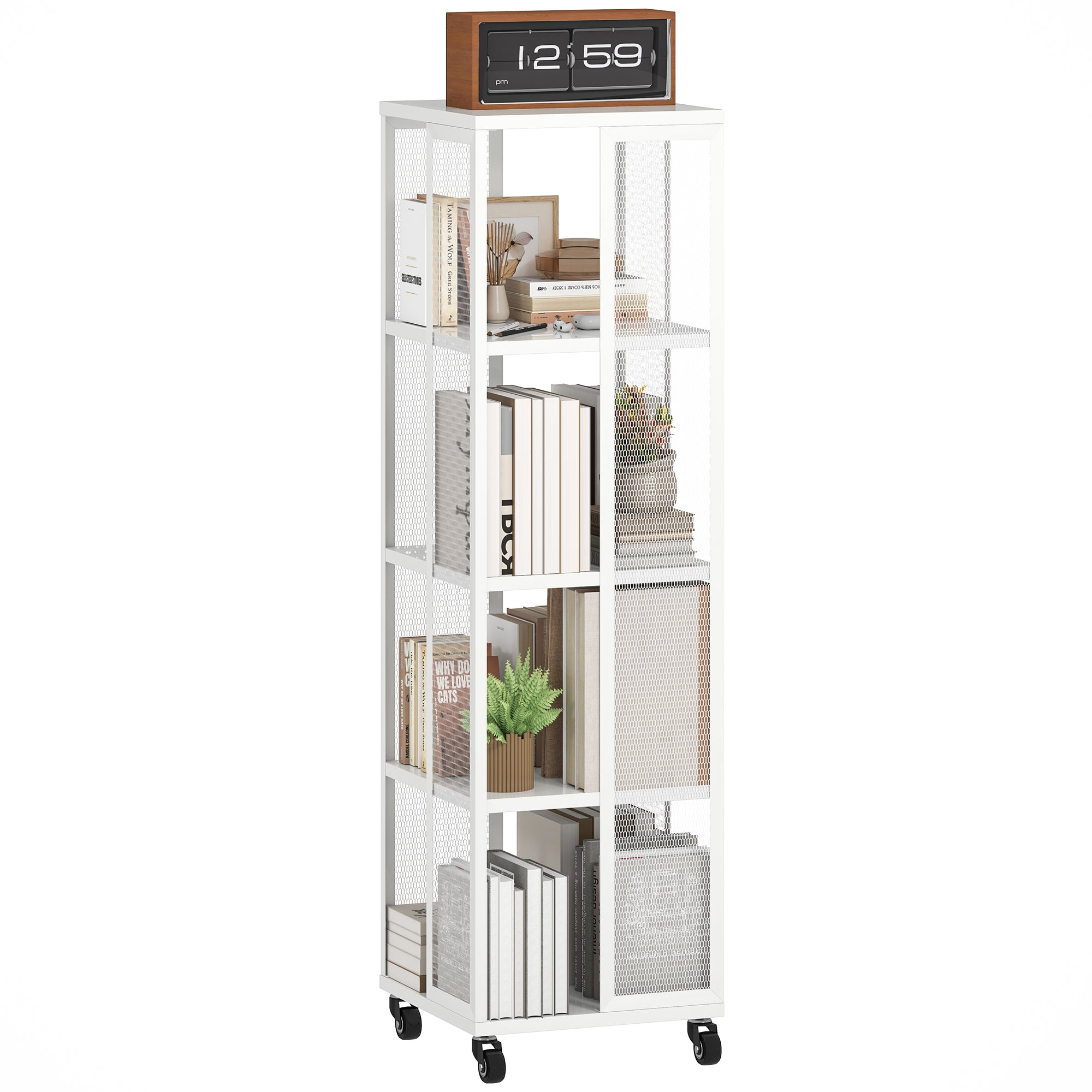 Modern 4-Tier Metal Mesh Bookcase with Wheels, 35x35x129cm, White