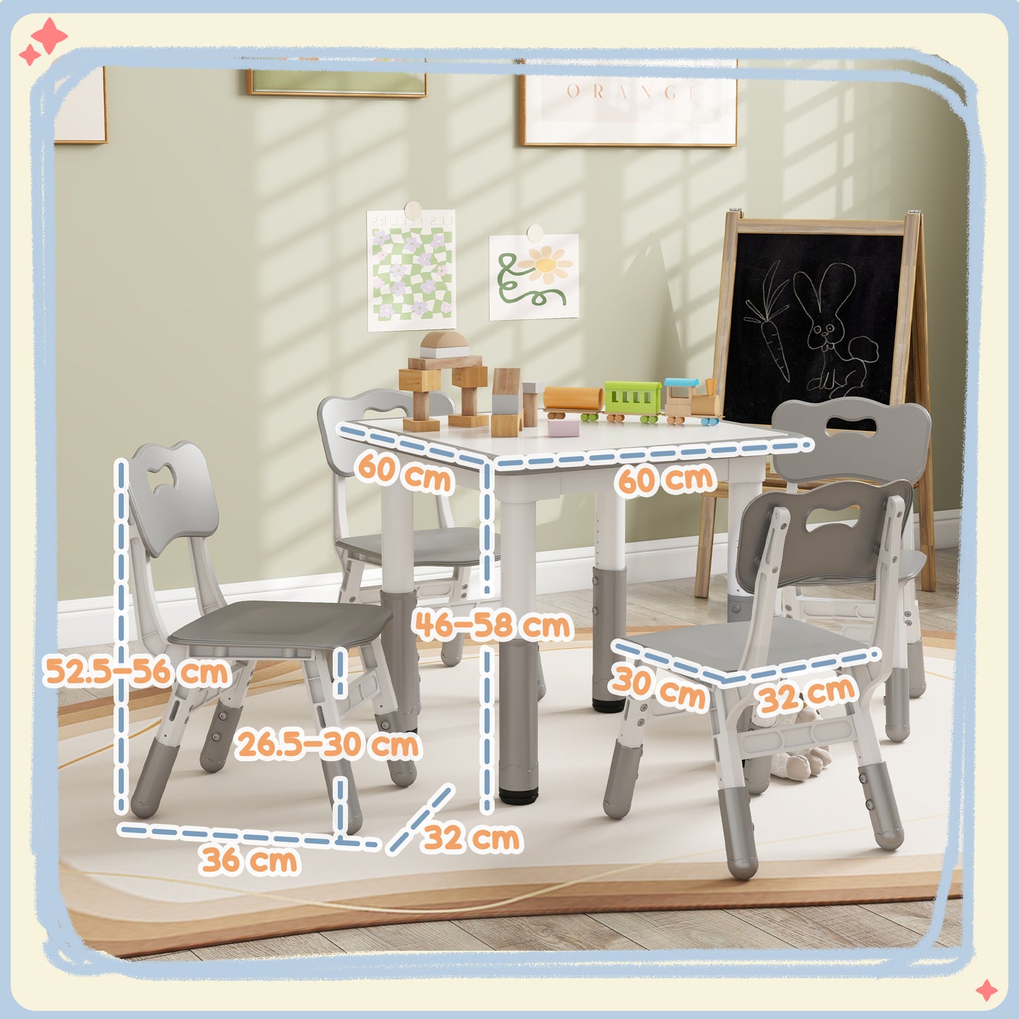 Children's Table and Chair Set 5pcs with 4 Adjustable Chairs 32x36x52. 5-56 cm and Table 60x60x46-58 cm, Grey