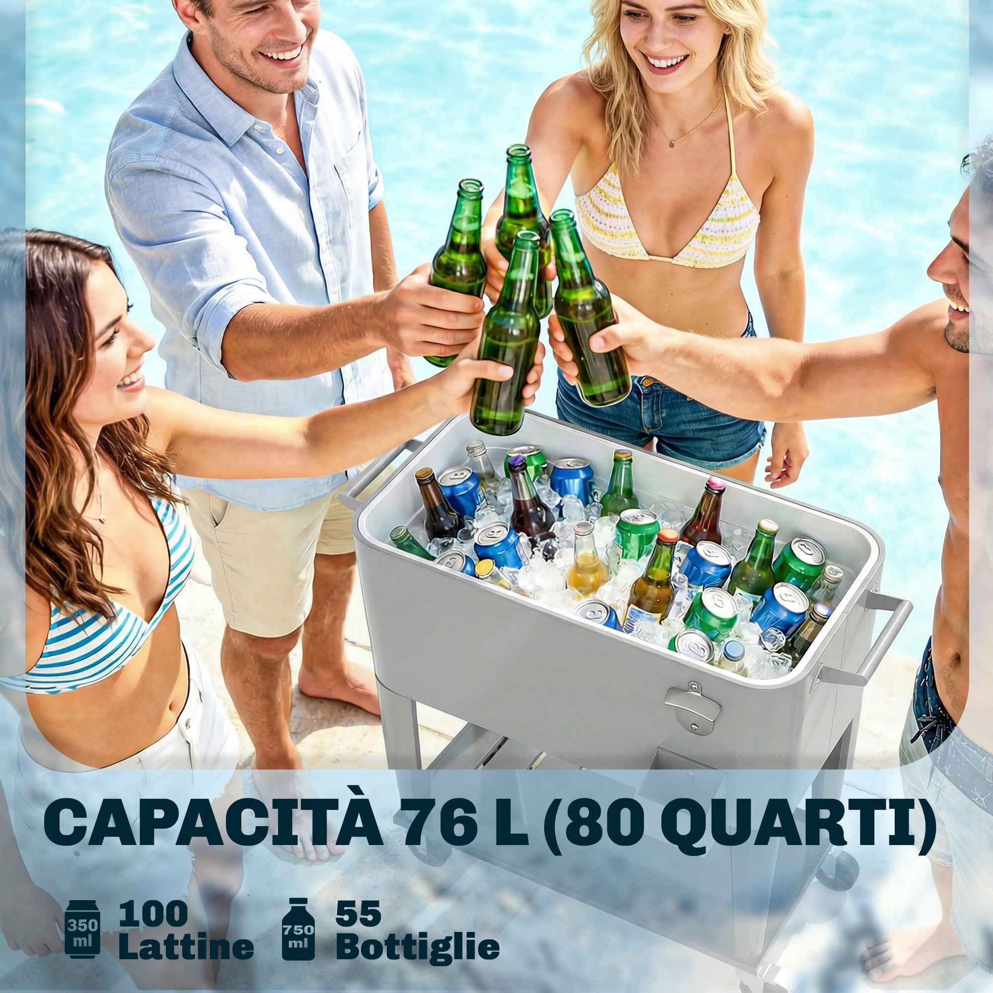Outsunny Portable Fridge 76 L with Wheels and Bottle Opener, 92 x 39 x 81 cm, Silver