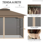 Garden Gazebo with Mosquito Net, Double Roof and Metal Frame, 3.7x3m Brown and Beige