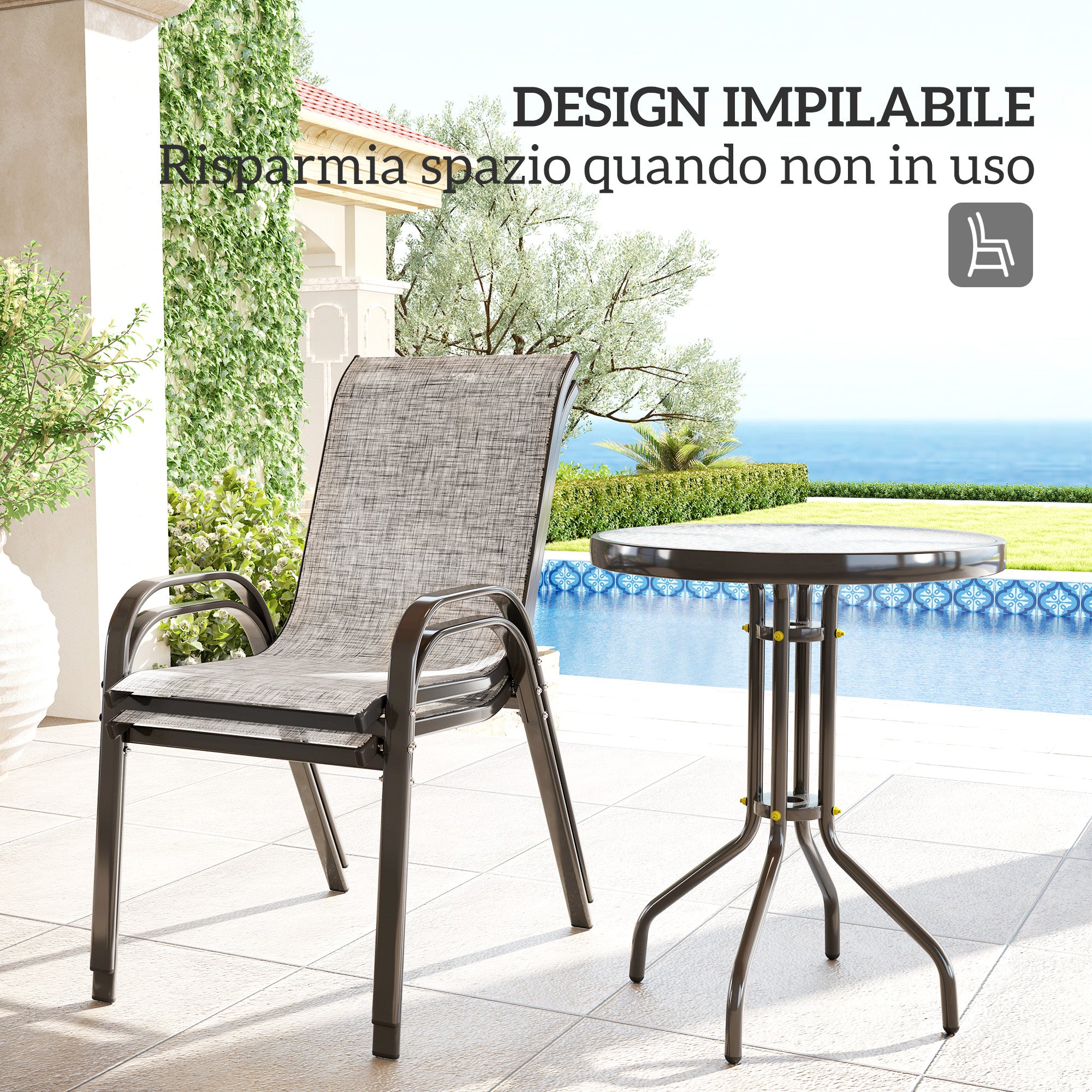 Outsunny 3-Piece Garden Set with 2 Garden Chairs 54x71x93 cm and Round Table Ø60x71 cm in Grey Steel