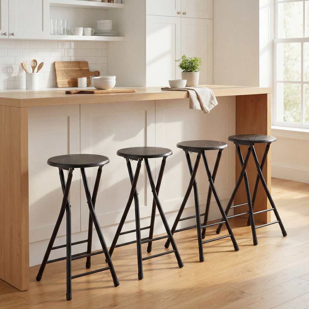 HOMCOM Set of 4 Folding Bar Stools with Double Footrest, Wood and Steel, 34x30x70 cm, Black