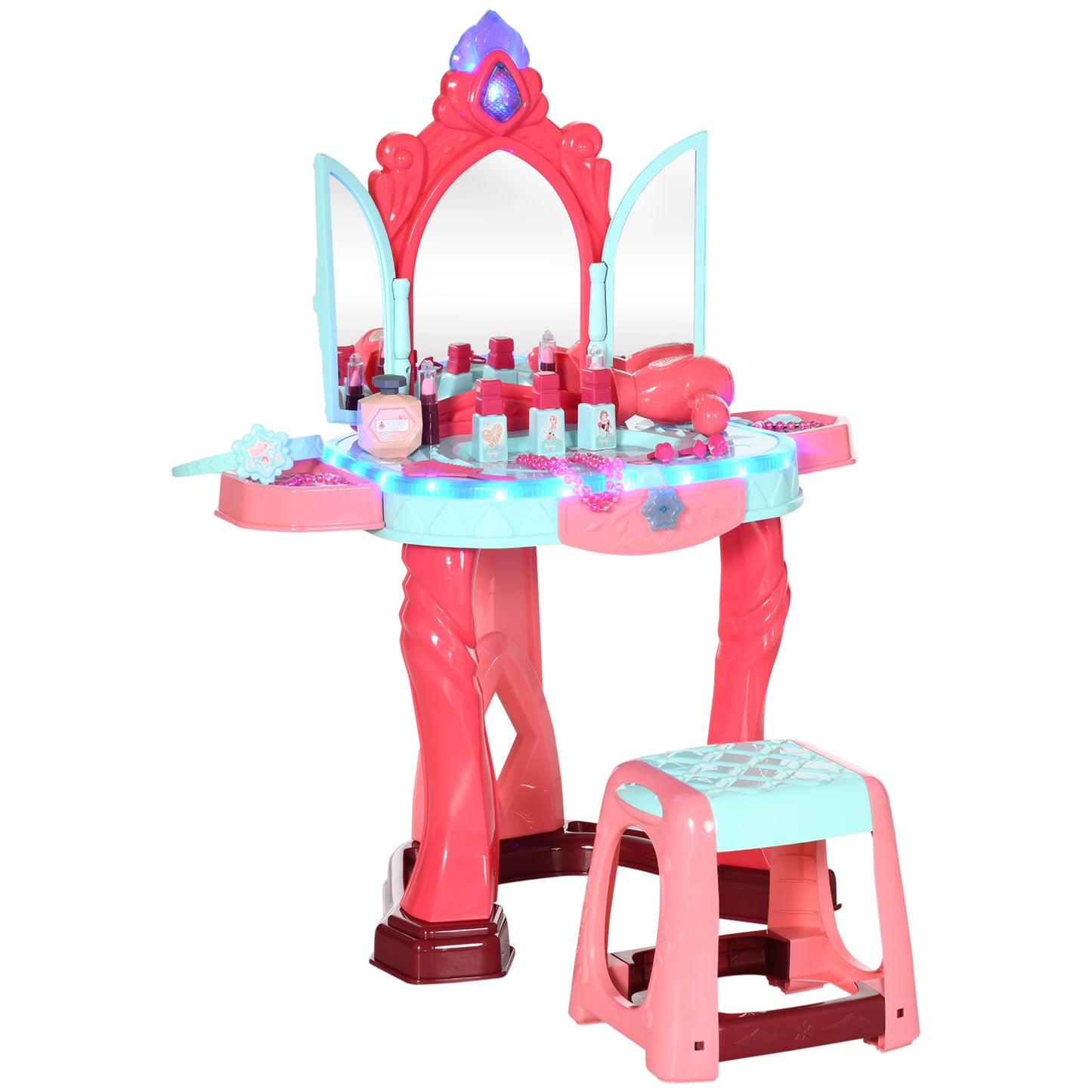 Dressing Table for Girls with Stool, Mirror, Lights and Accessories, in PP and GPPS, 57x34x76 cm, Multicolor