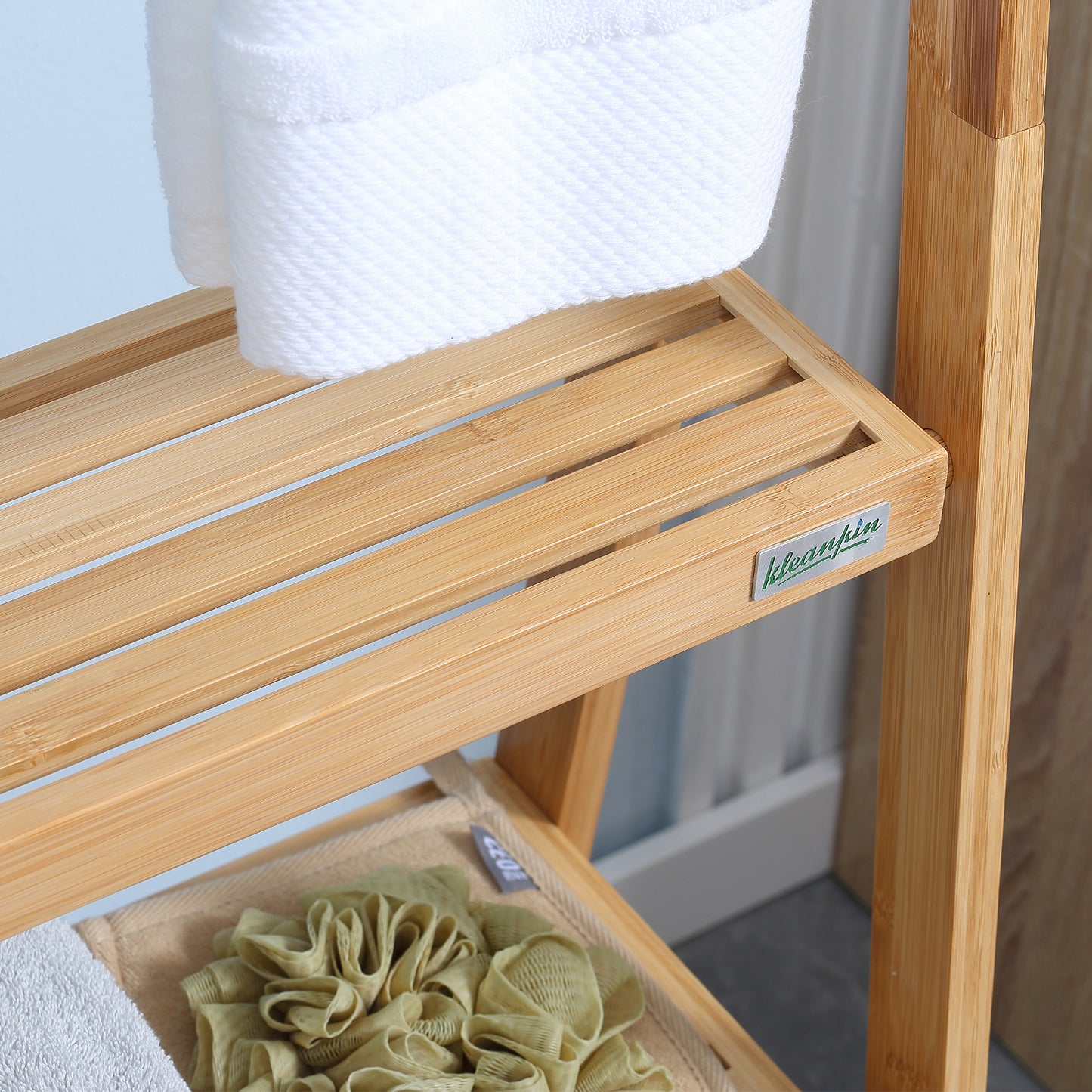 Multipurpose Folding Bathroom Towel Rack with 3 Bars and 3 Shelves, 53x30.5x152 cm, Natural Wood