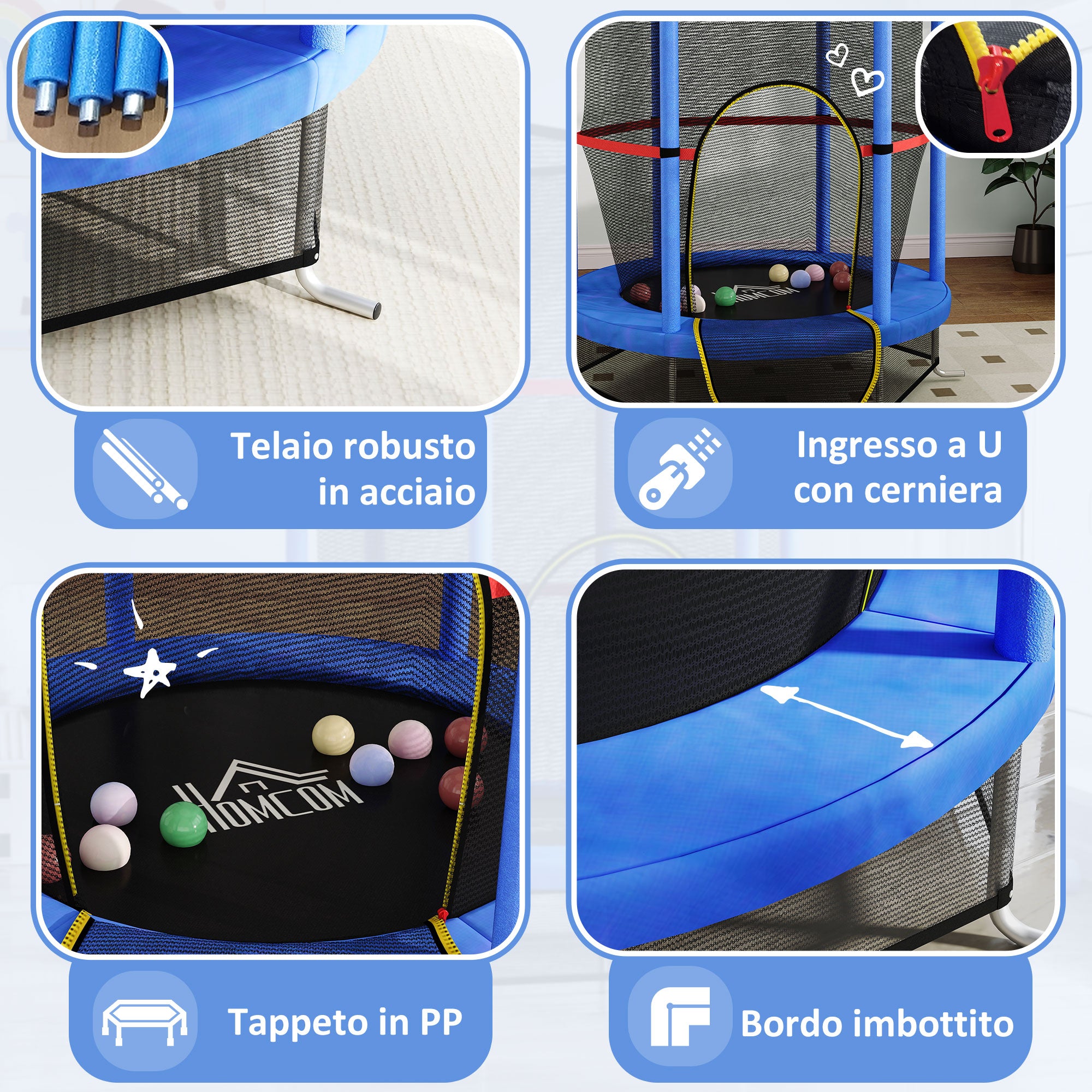 Trampoline for Children 3-6 Years with Safety Net, 6 Columns and 3 Entrances, Ø140x190 cm, Blue and Black