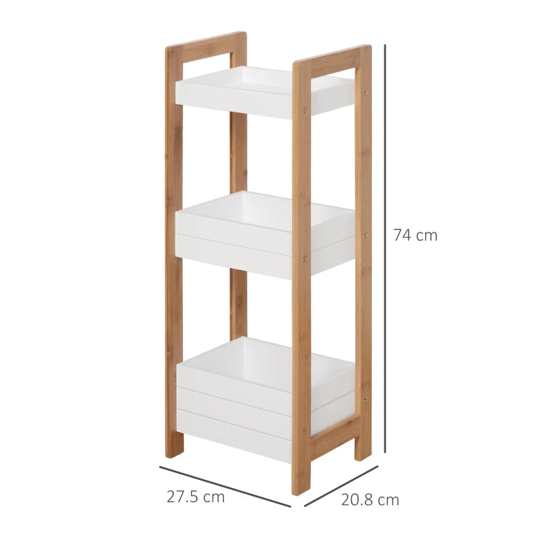 Bathroom Cabinet Multipurpose 3-Tier Compact Shelf in MDF Wood and Bamboo, White, 27.5x20.8x74cm - Borgè