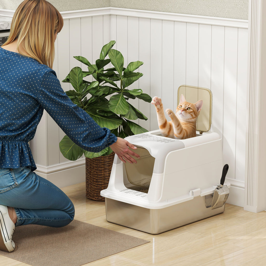 2-Bay Enclosed Cat Litter Box with Deodorizer and Scoop, 60.4 x 40.4 x 41.8 cm, White and Grey