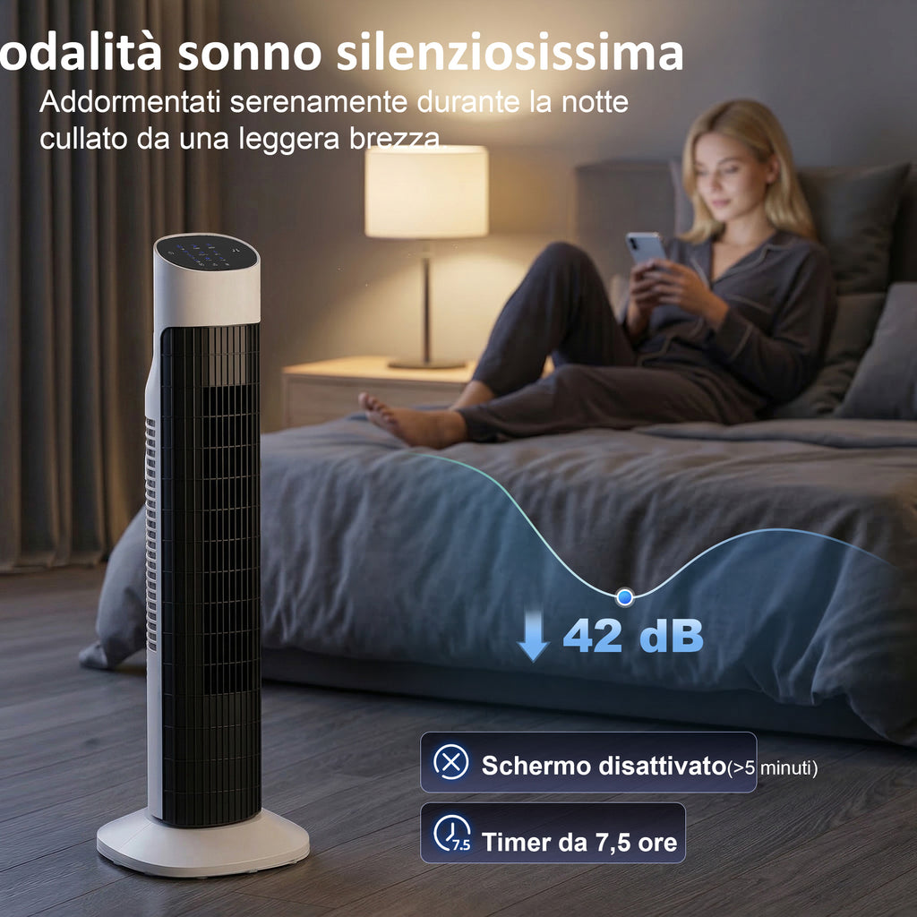 80cm 70° Oscillating Floor Tower Fan, Black and White
