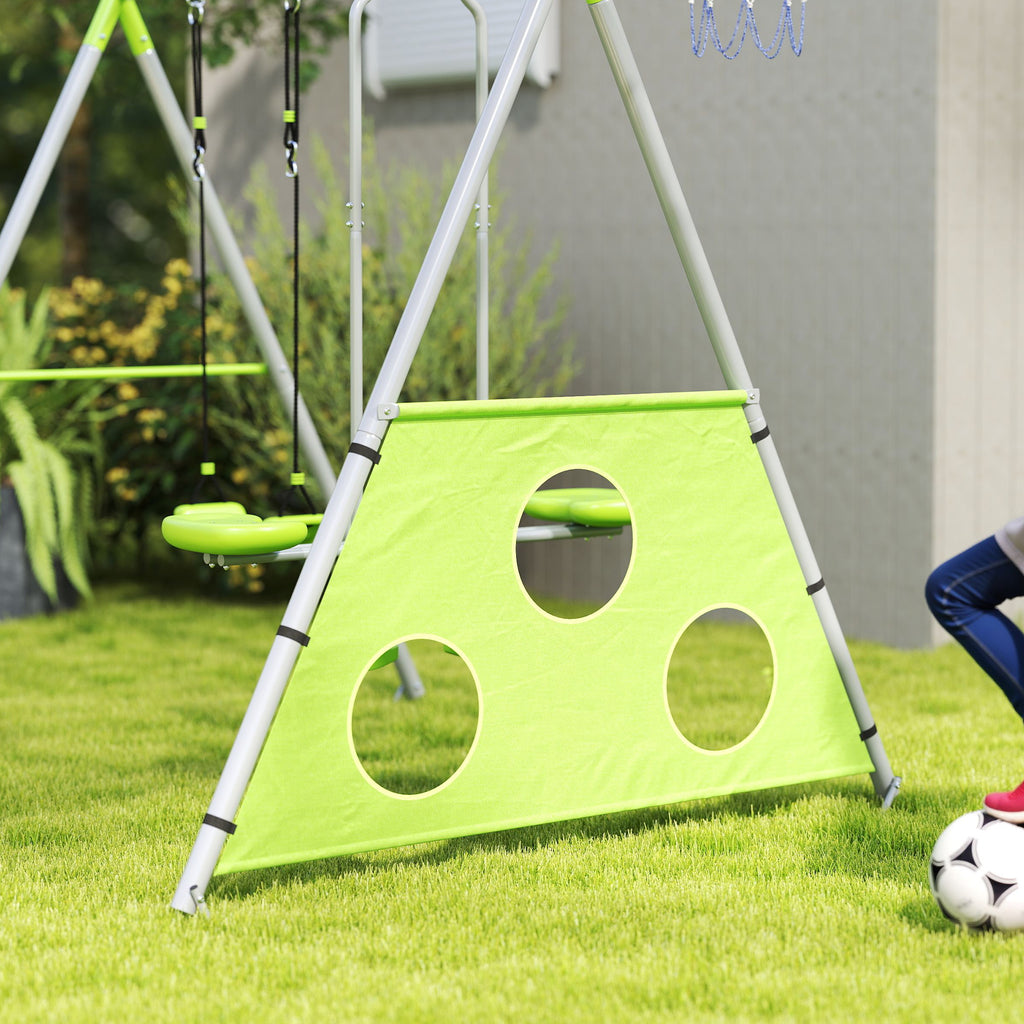 4 in 1 Children's Play Set with 2 Garden Swings, Basketball Hoop and Football Goal, 215x180x182 cm, Green and Grey