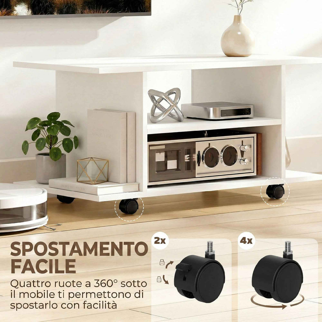 HOMCOM Modern TV Stand with Shelves, Swivel Wheels and Brakes, 80x40x40 cm, White
