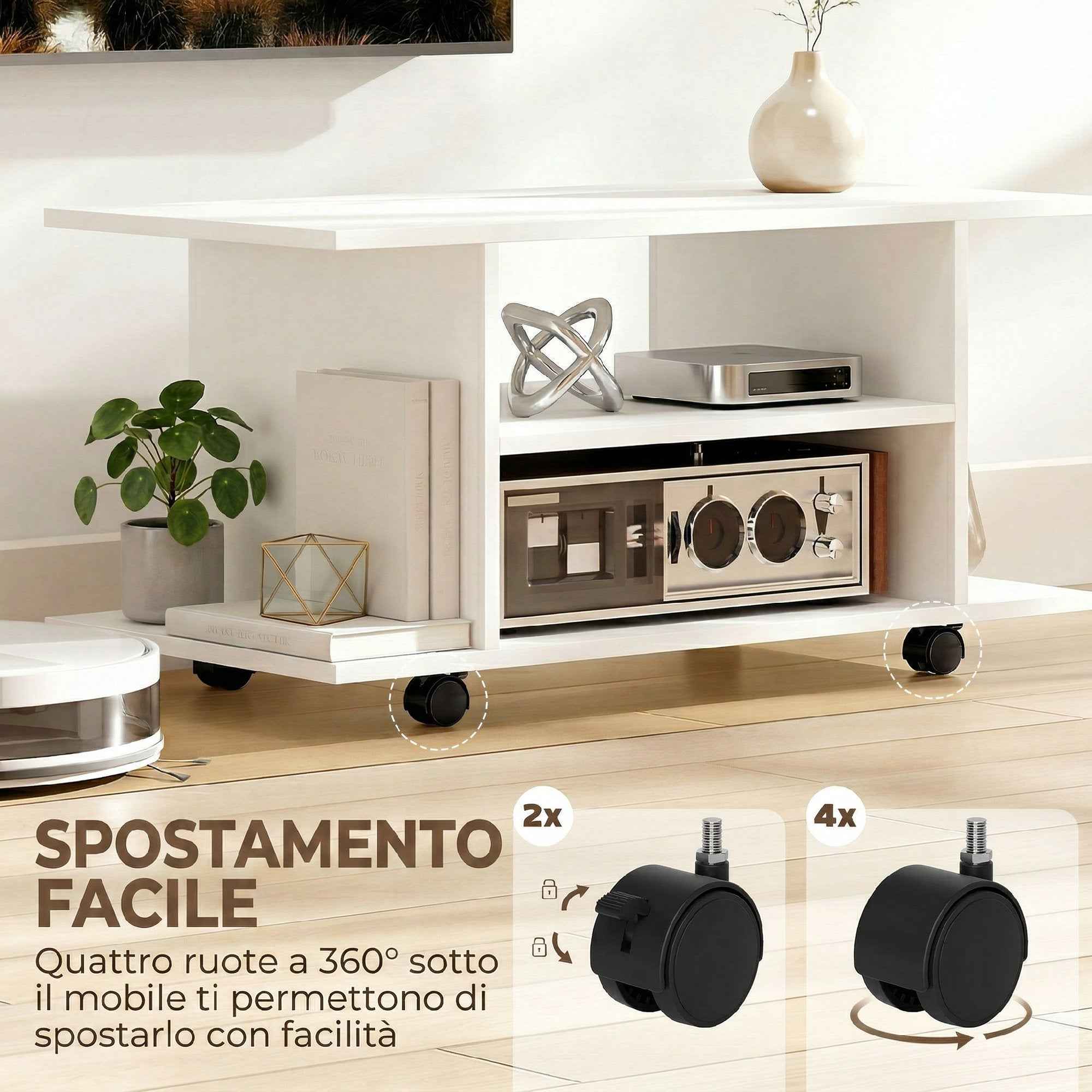 HOMCOM Modern TV Stand with Shelves, Swivel Wheels and Brakes, 80x40x40 cm, White