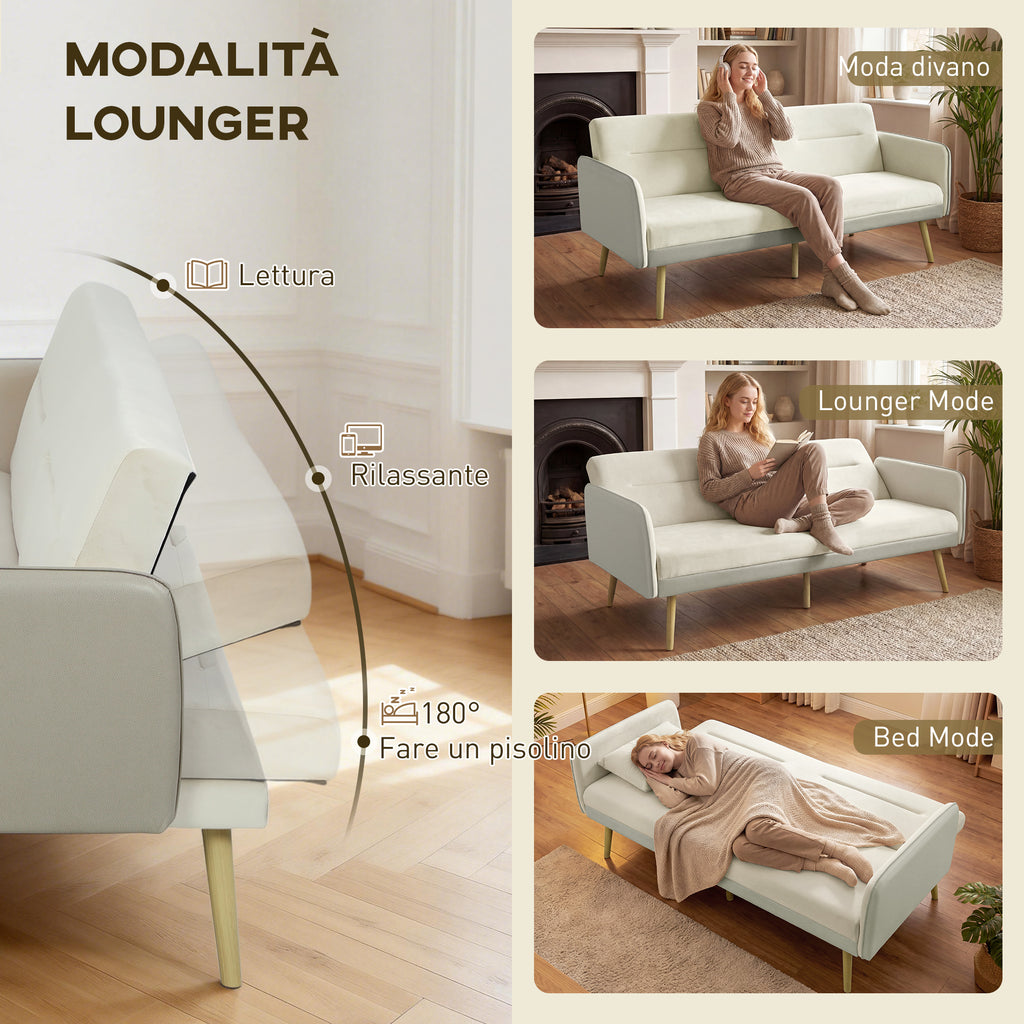 3-Seater Sofa Bed with Reclining Backrest and Velvet Upholstery, 185x84x83 cm, Beige