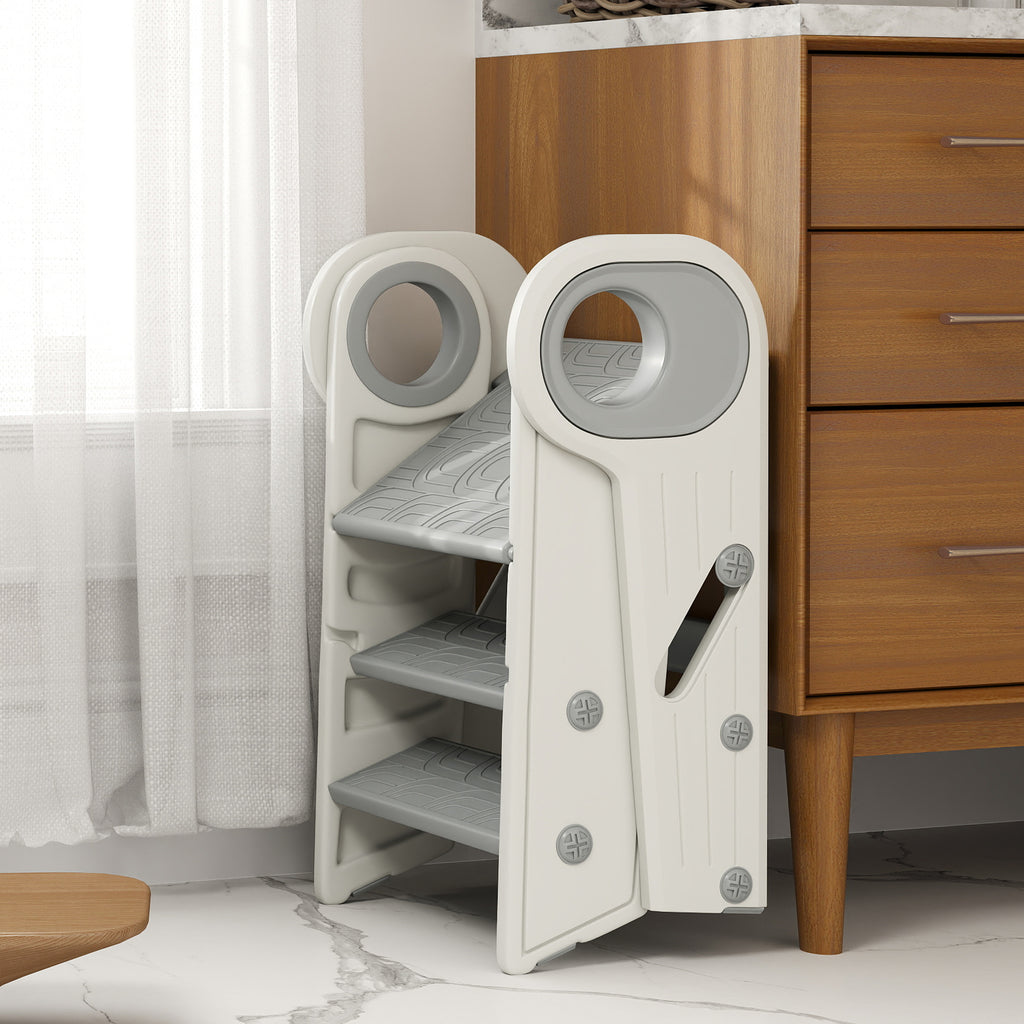 AIYAPLAY Montessori Tower for Children, Foldable, 3-Step Adjustable, with Handle and Non-Slip Surface, Grey
