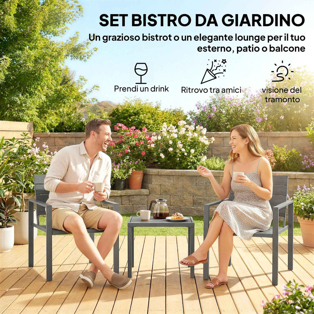Outsunny 3-Piece Garden Set with 2 Outdoor Chairs and Coffee Table, in HDPE and Metal, Dark Grey
