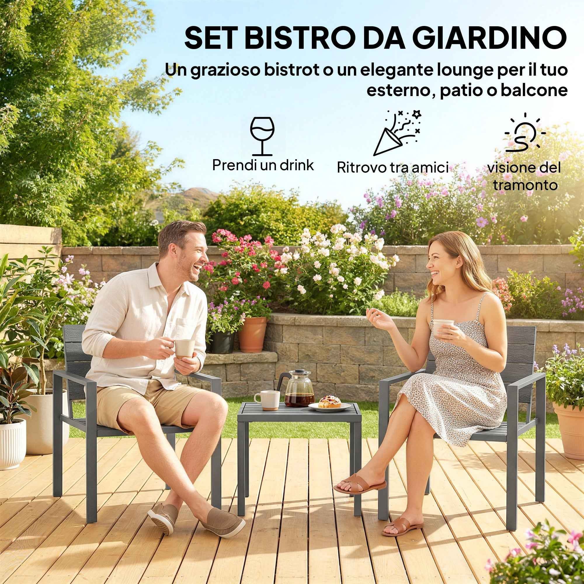 Outsunny 3-Piece Garden Set with 2 Outdoor Chairs and Coffee Table, in HDPE and Metal, Dark Grey