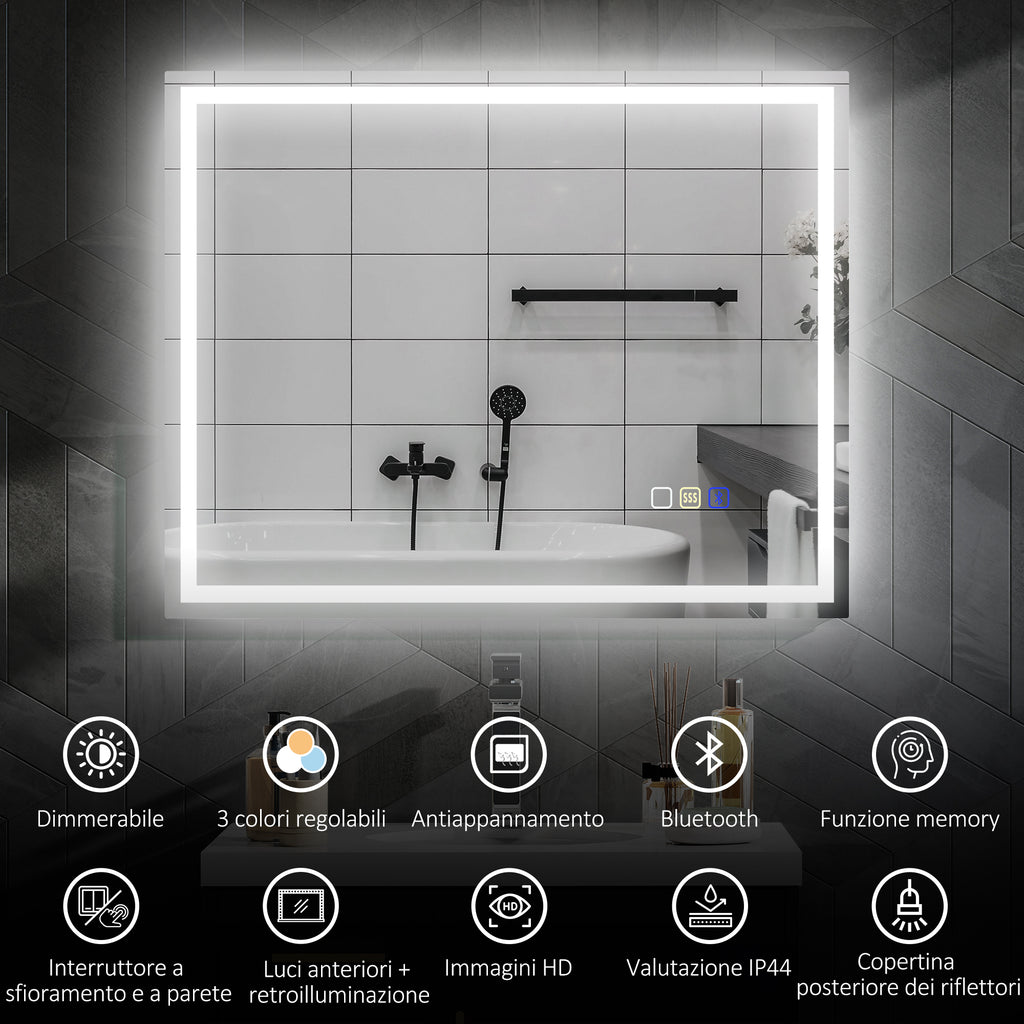 Anti-Fog Bathroom Mirror with Adjustable LED Light, Bluetooth Speaker, Touch Buttons, 80x100cm