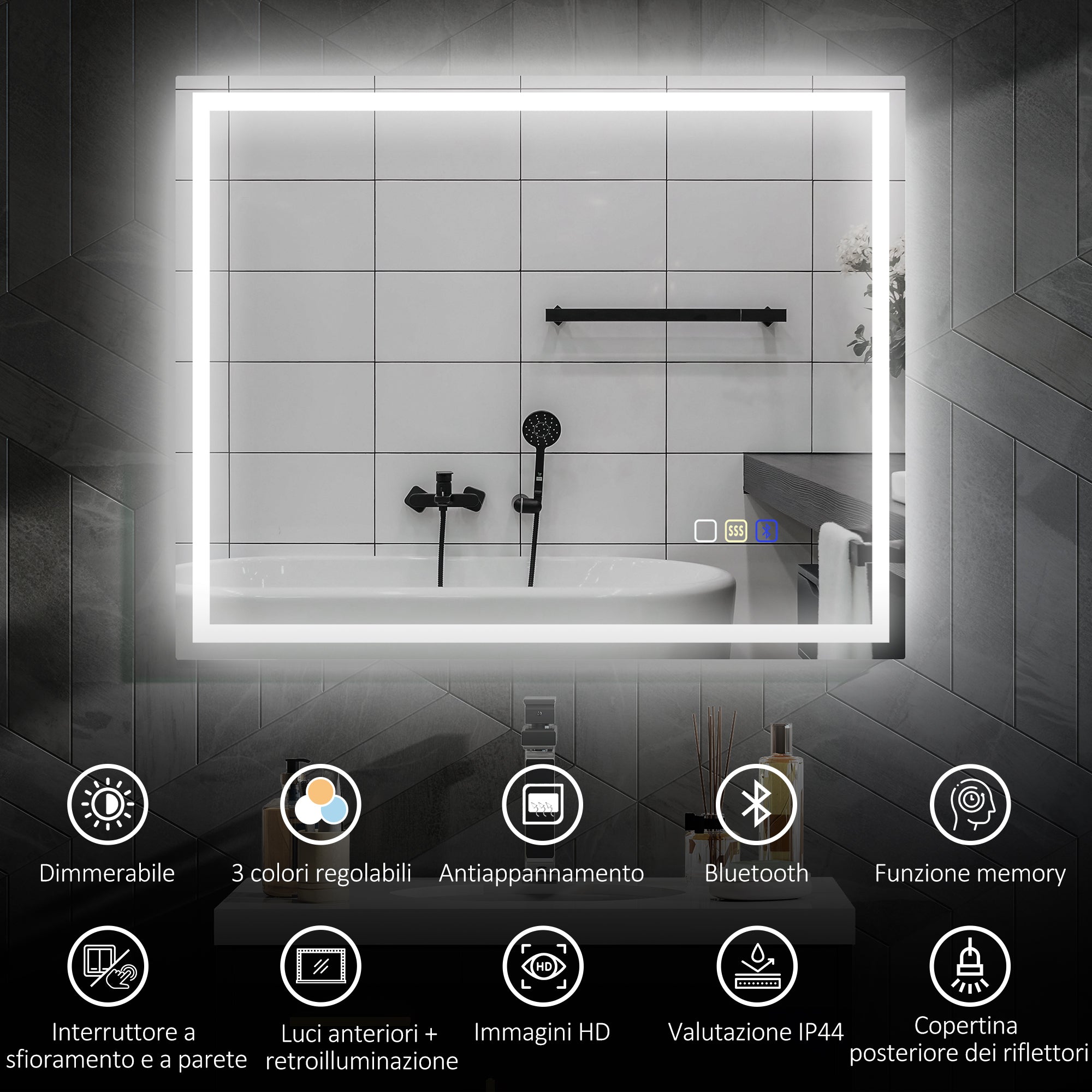 Anti-Fog Bathroom Mirror with Adjustable LED Light, Bluetooth Speaker, Touch Buttons, 80x100cm