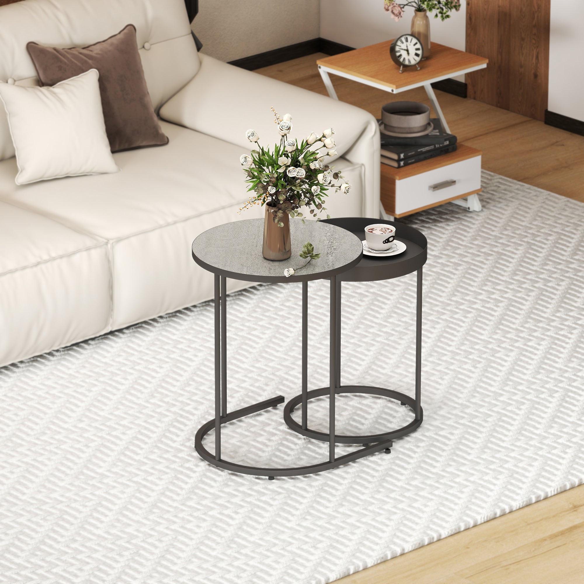 Set of 2 Industrial Style Stackable Coffee Tables, Wood and Metal, Ø42x54 cm and Ø36.5x48.5 cm, Grey and Black