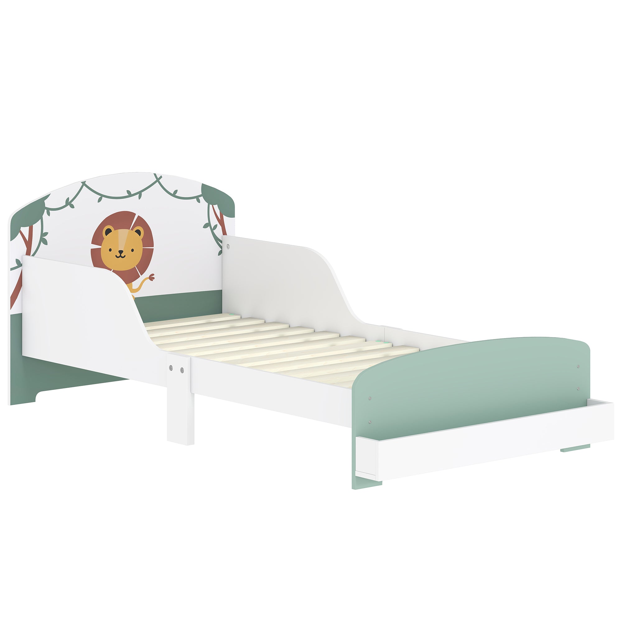 Low Wooden Children's Bed for 3-8 Years Old with Storage Space and Side Rails, 150x77x60 cm, Green
