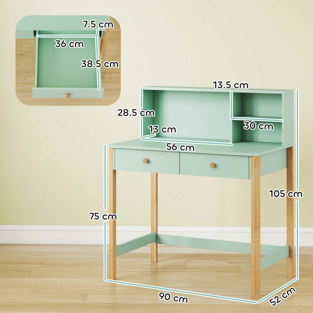 Children's Desk for Ages 5-12 with 3 Shelves and 2 Drawers, Wooden, 90x52x105 cm, Green